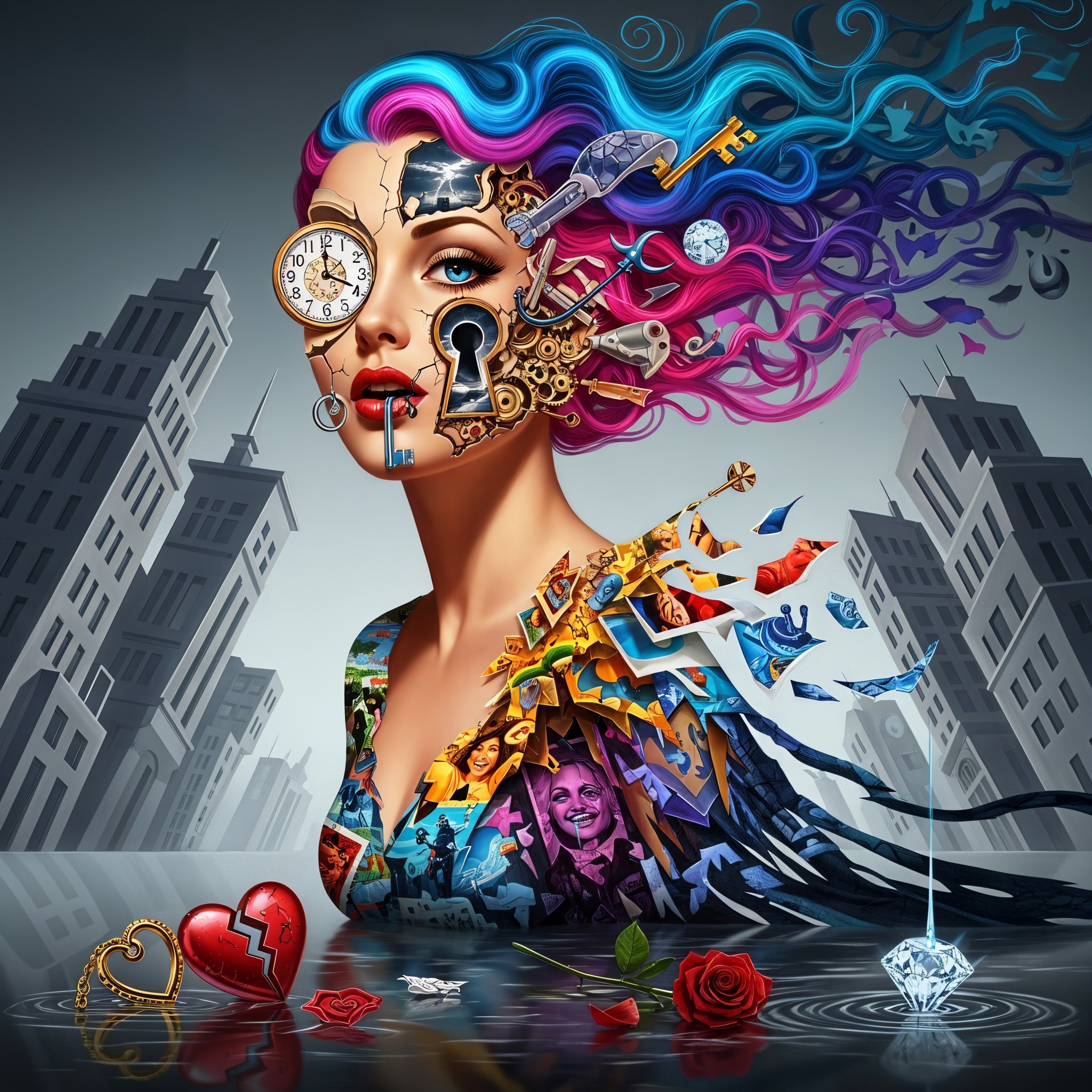 Surreal Portrait of a Woman with Colorful Elements
