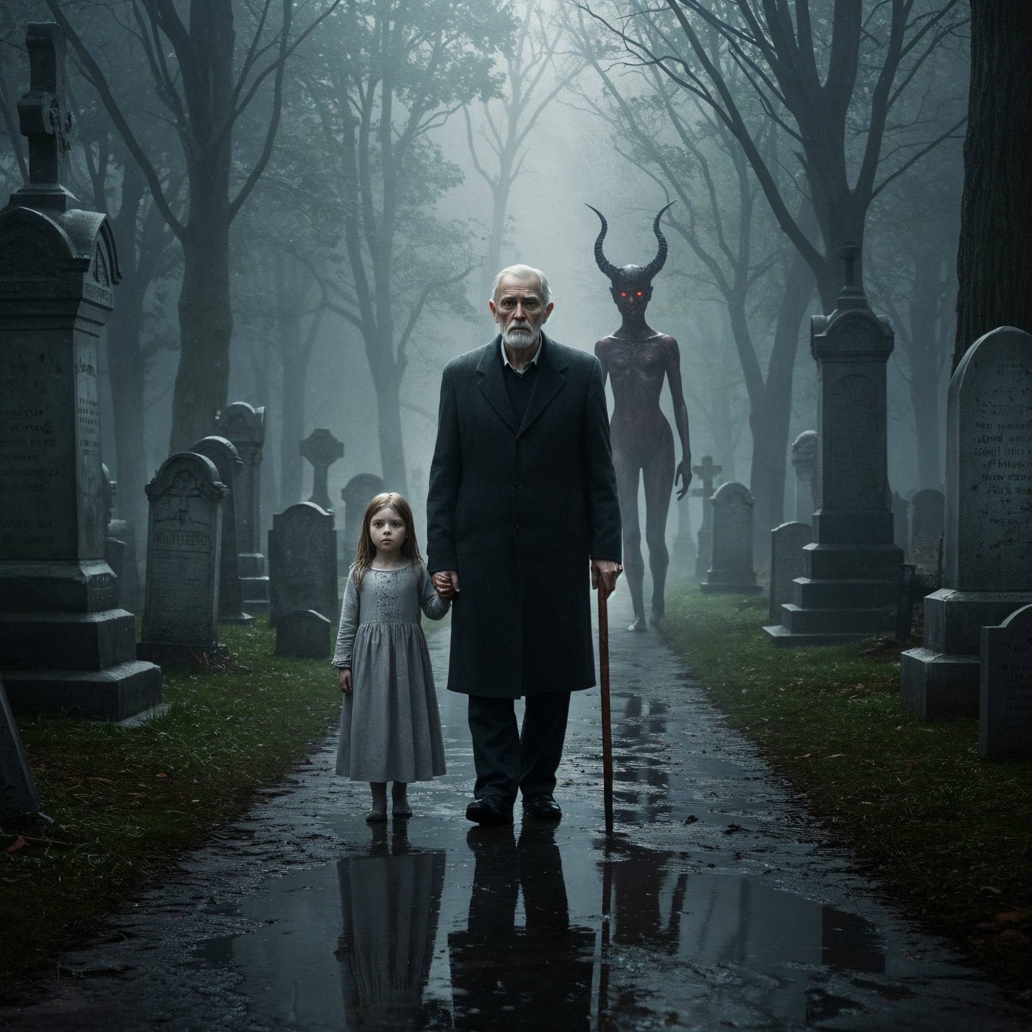 Elderly man and girl in foggy graveyard with tombstones