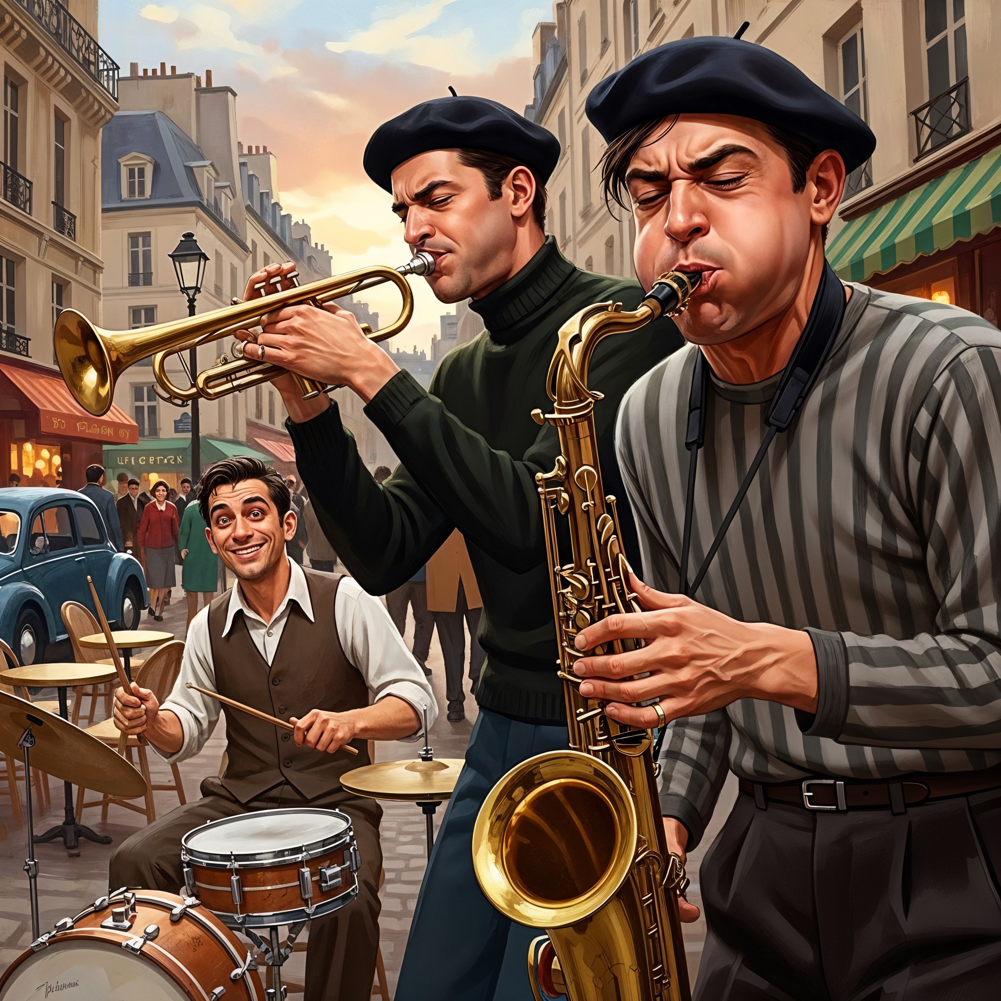 Jazz Musicians in a Vibrant Parisian Street Scene