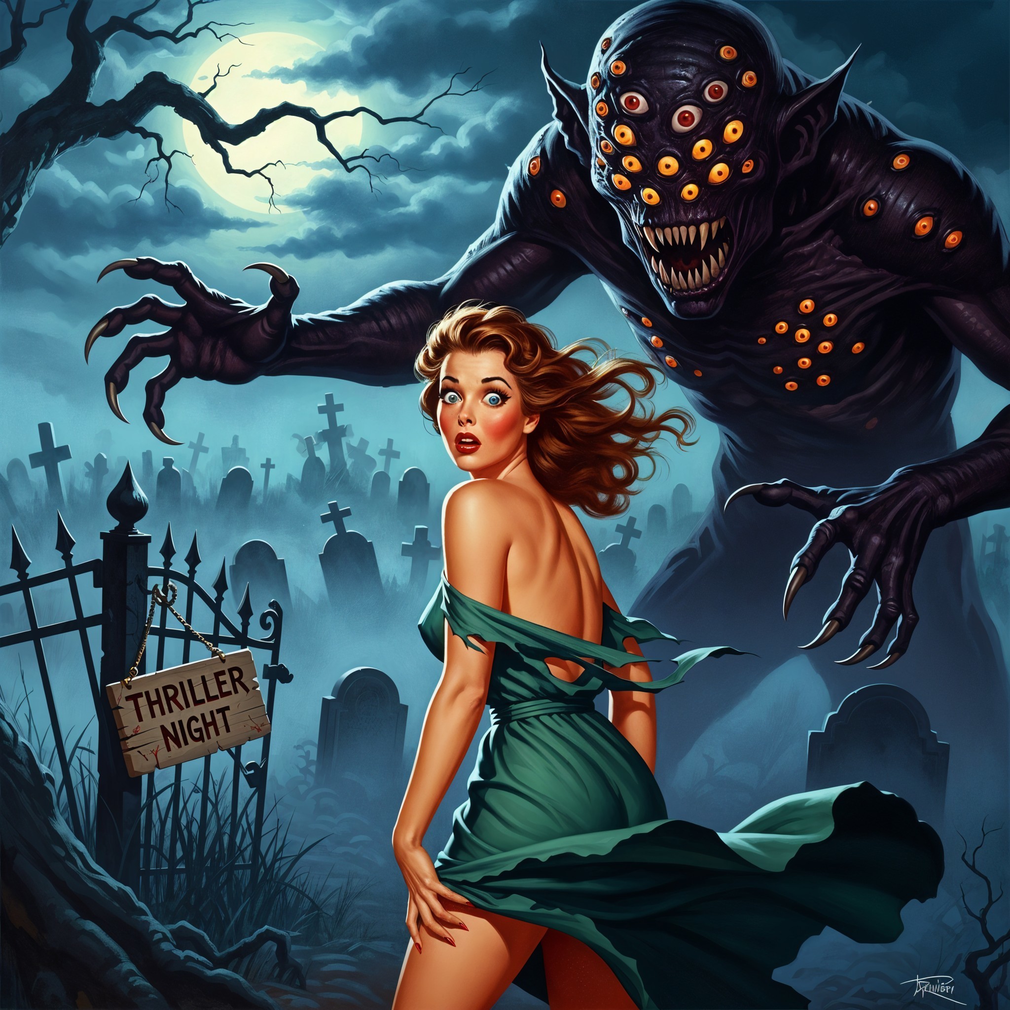 Eerie Graveyard Scene with Monstrous Creature Encounter