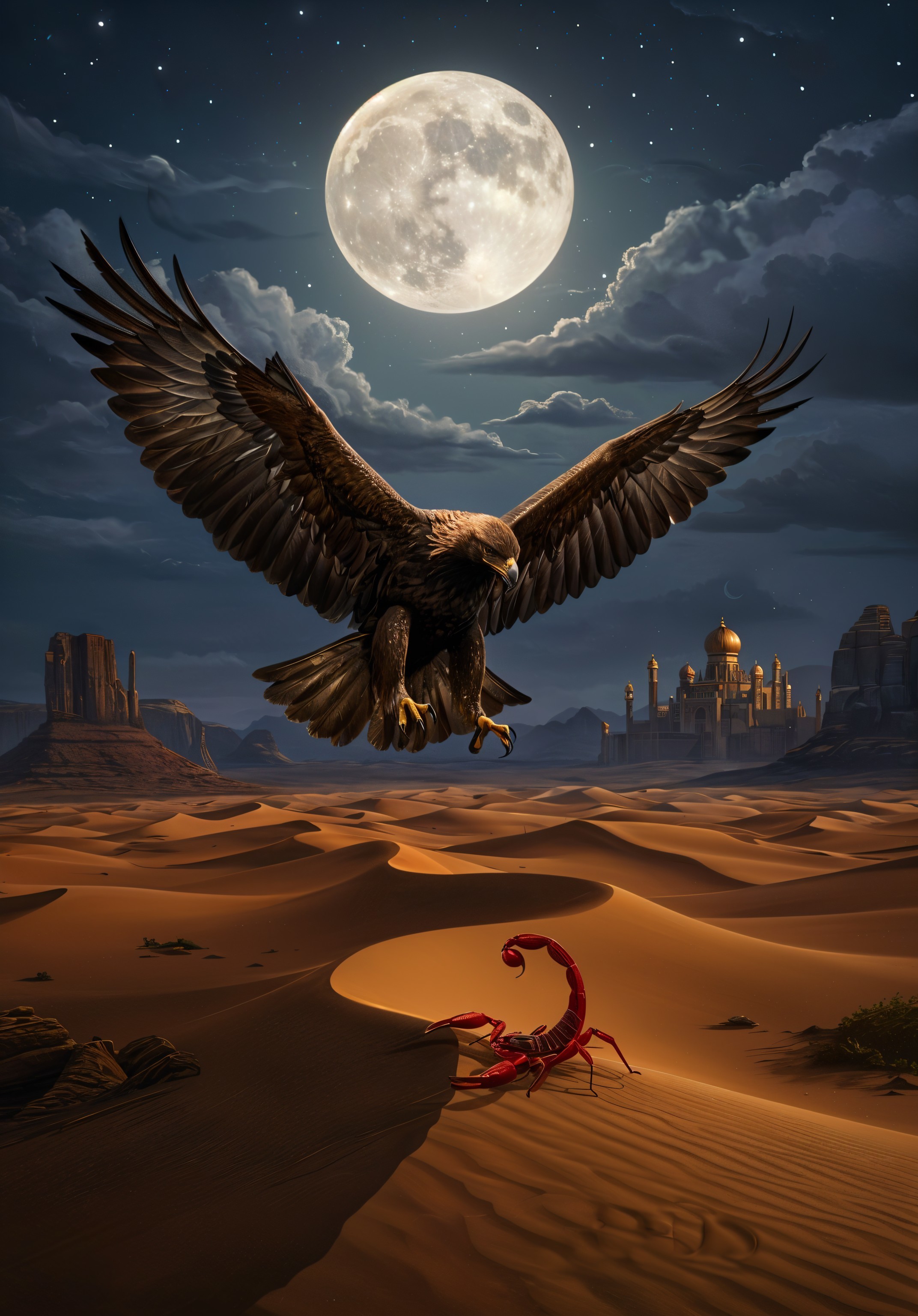 Eagle and Scorpion in a Moonlit Desert Landscape