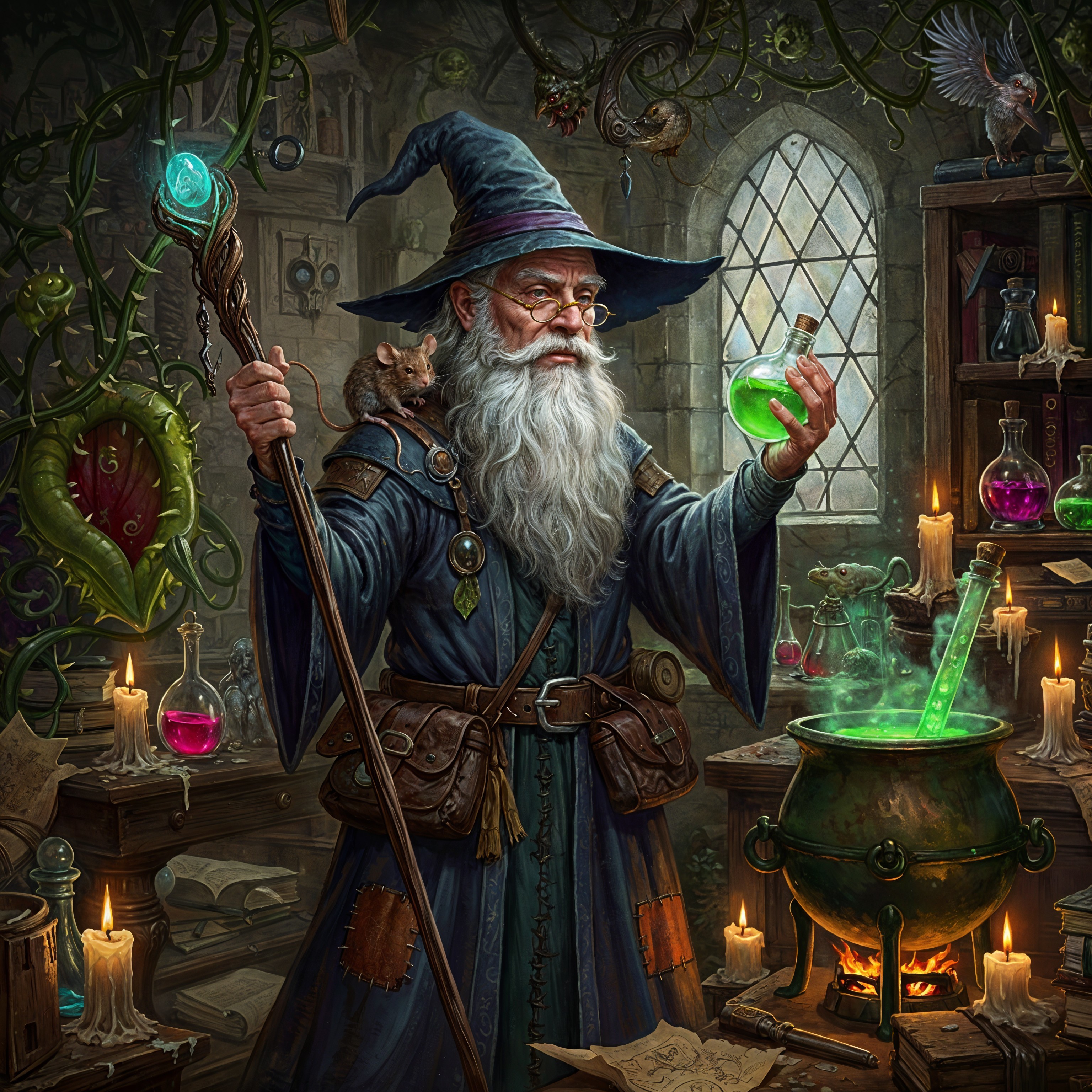 Old Wizard in Alchemy Lab with Glowing Potion