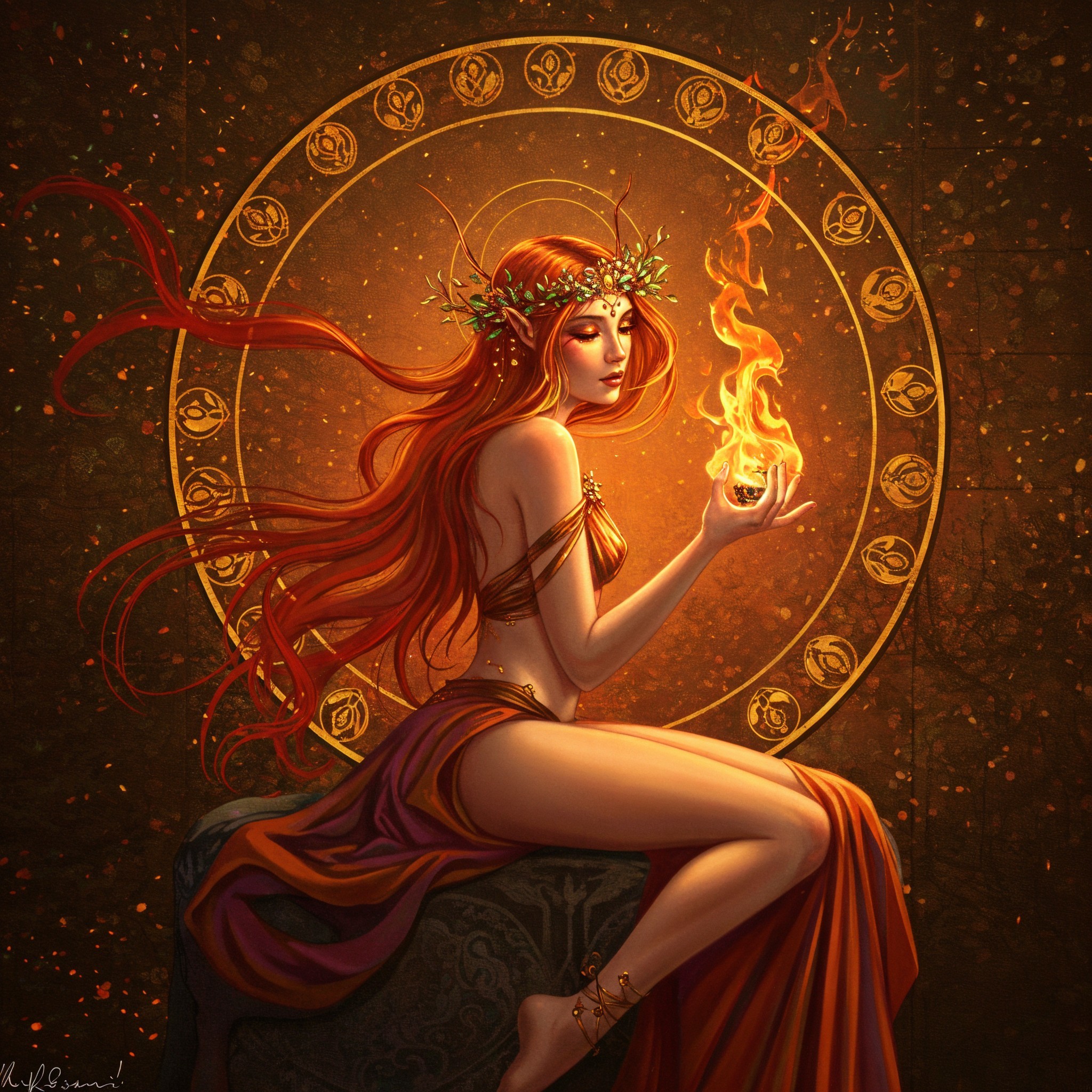 Mystical Woman with Red Hair Surrounded by Intricate Designs