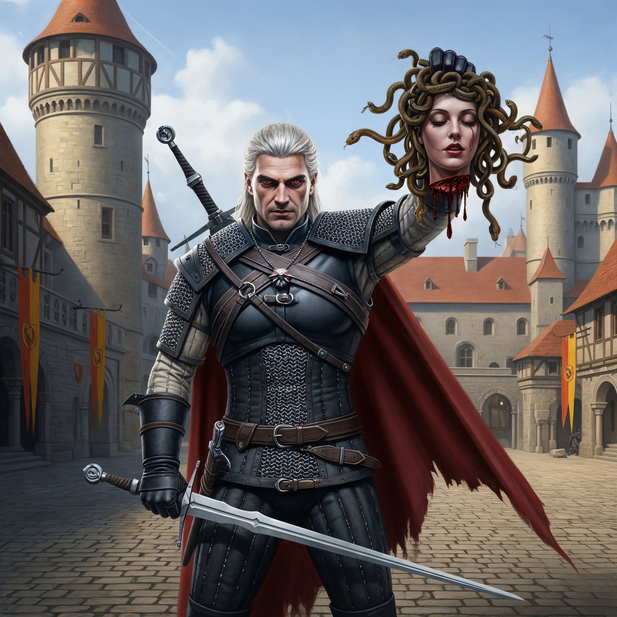 Warrior in Dark Armor Holding Severed Medusa Head