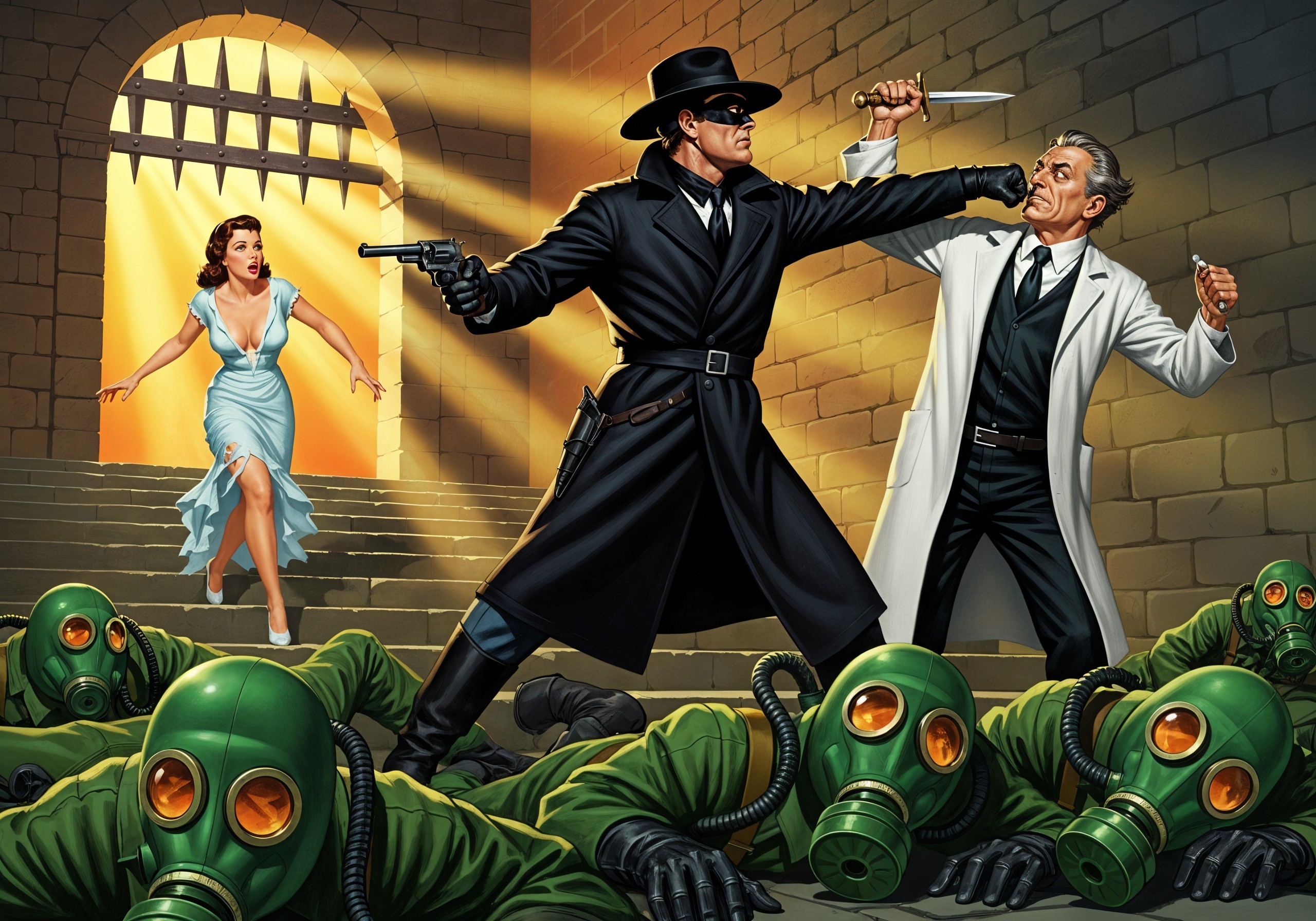 Masked Hero Confronts Scientist in Suspenseful Scene