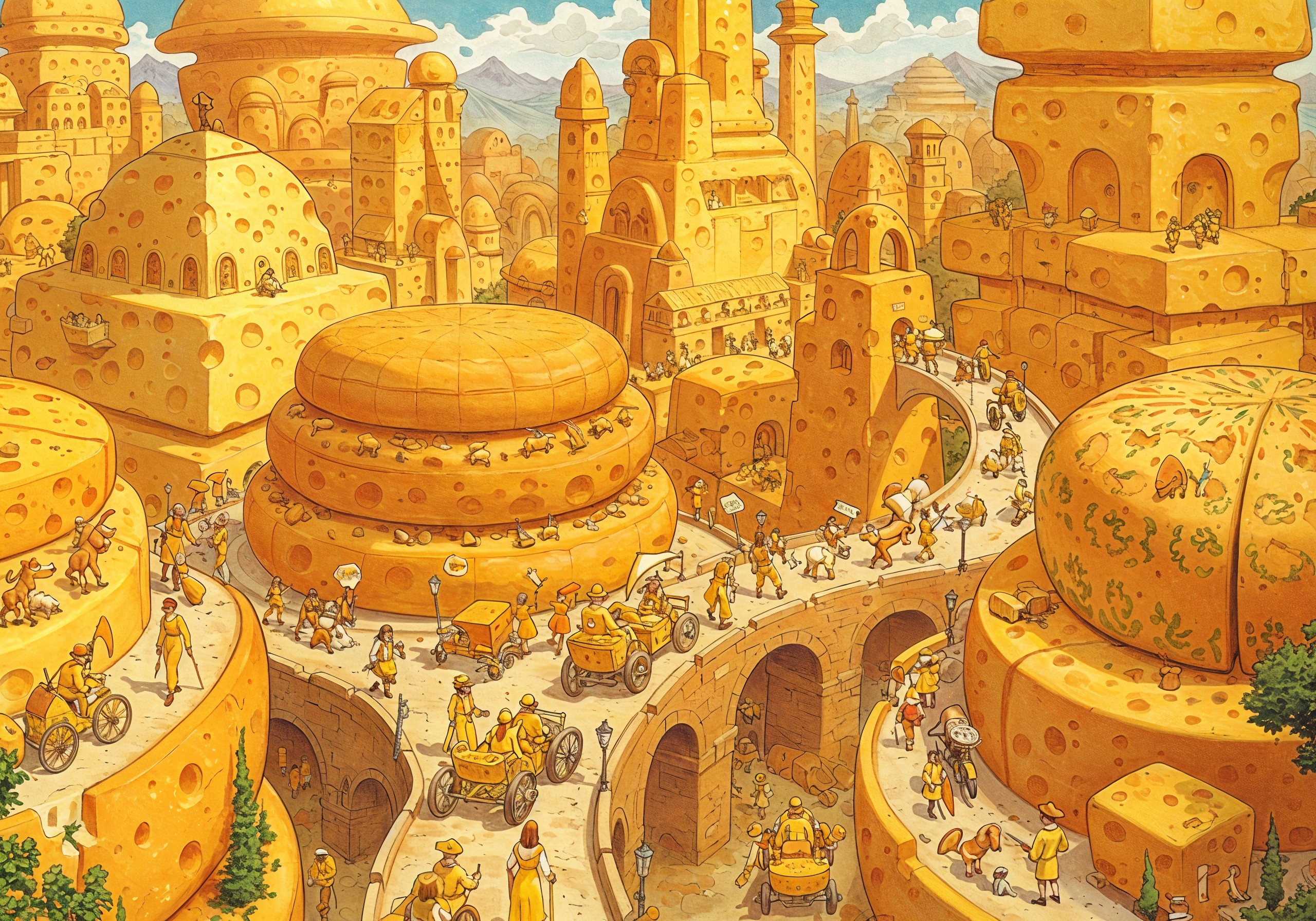 Whimsical Cheese Cityscape with Colorful Characters