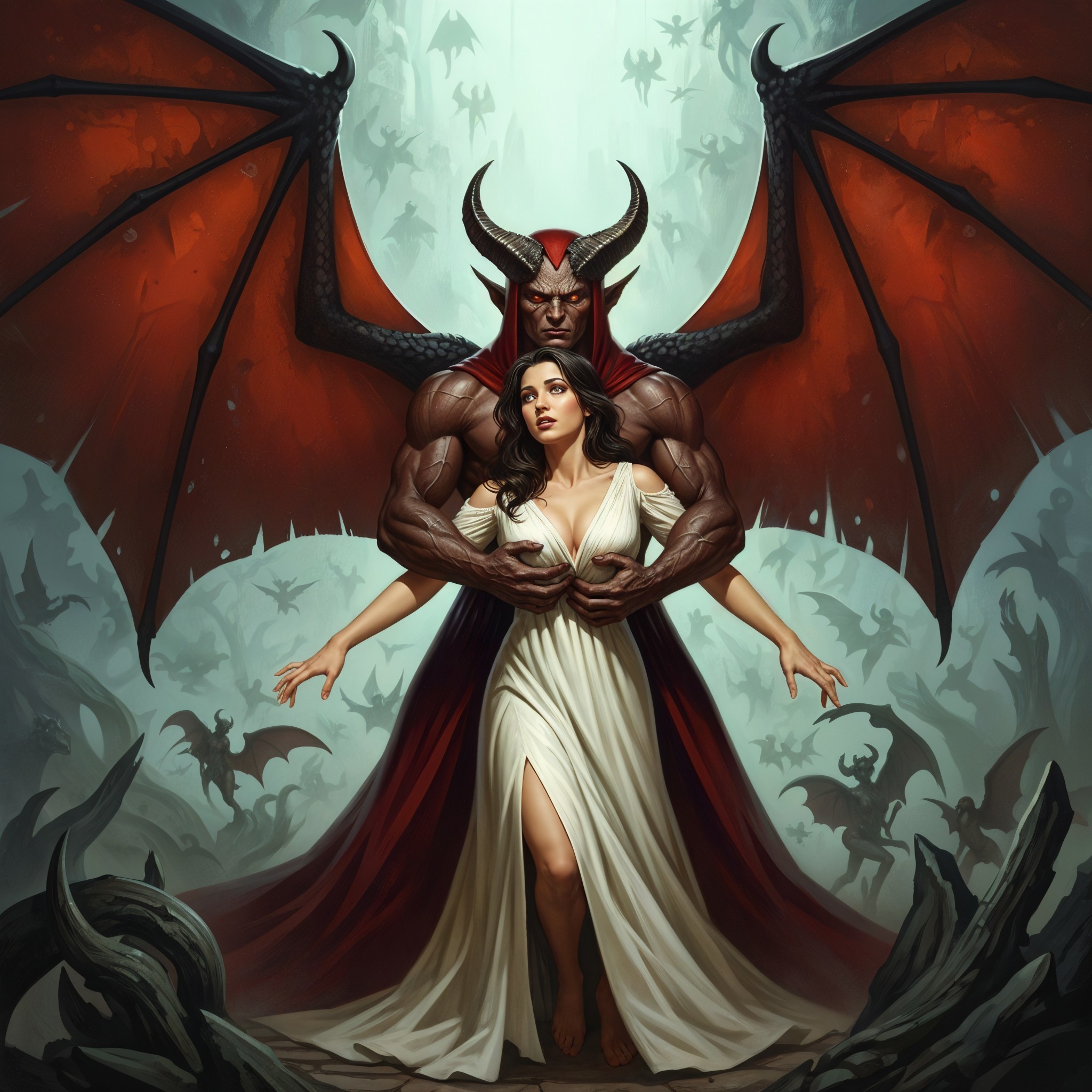 Demon with Horns and Wings Towering Over Woman in White