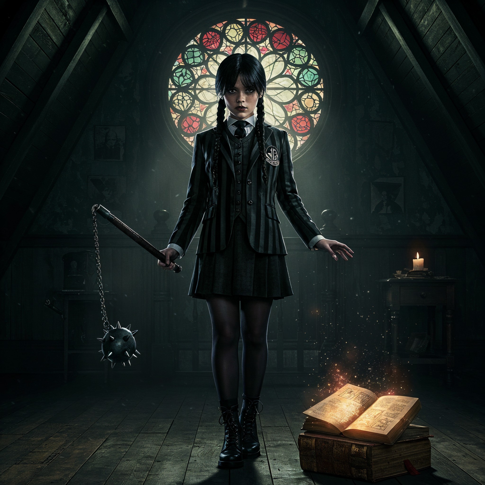 Young girl with spiked mace in dim attic setting