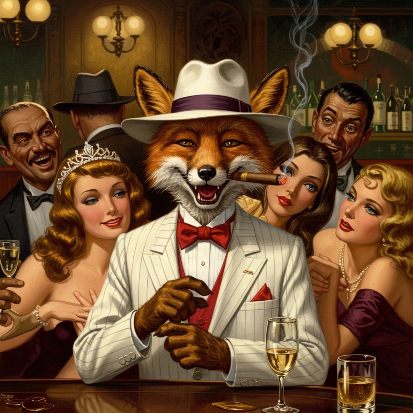 Vintage Bar Scene with Dapper Fox in White Suit