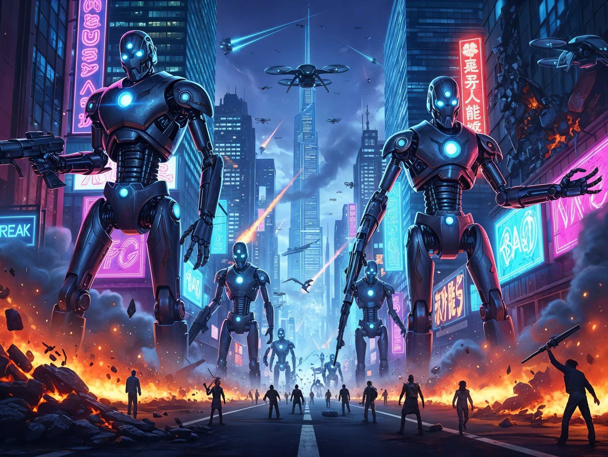 Futuristic Battle Scene with Robots in City at Night