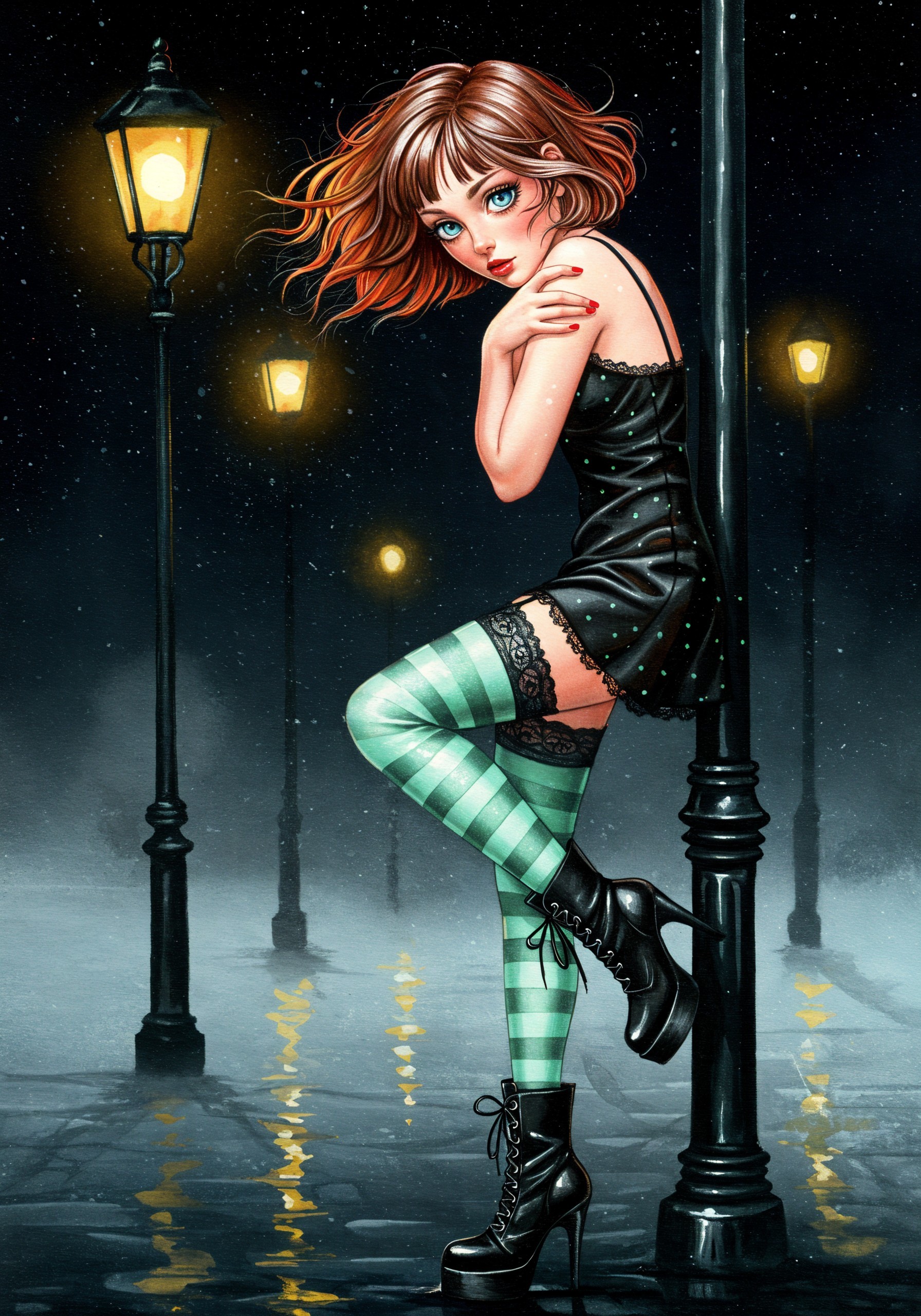 Whimsical Illustration of Girl by Moonlit Streetlamp