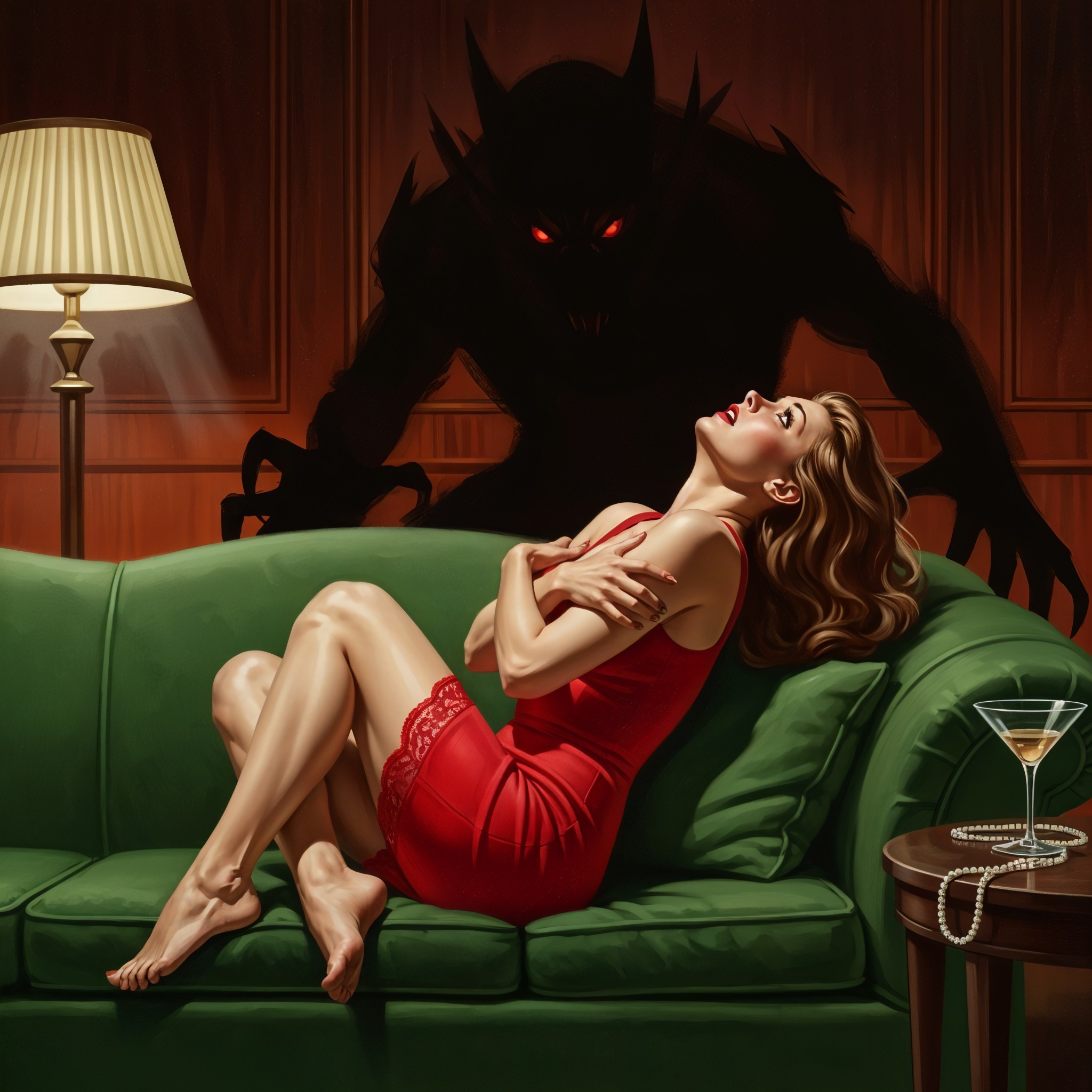 Woman in Red Dress with Ominous Figure in Dim Room