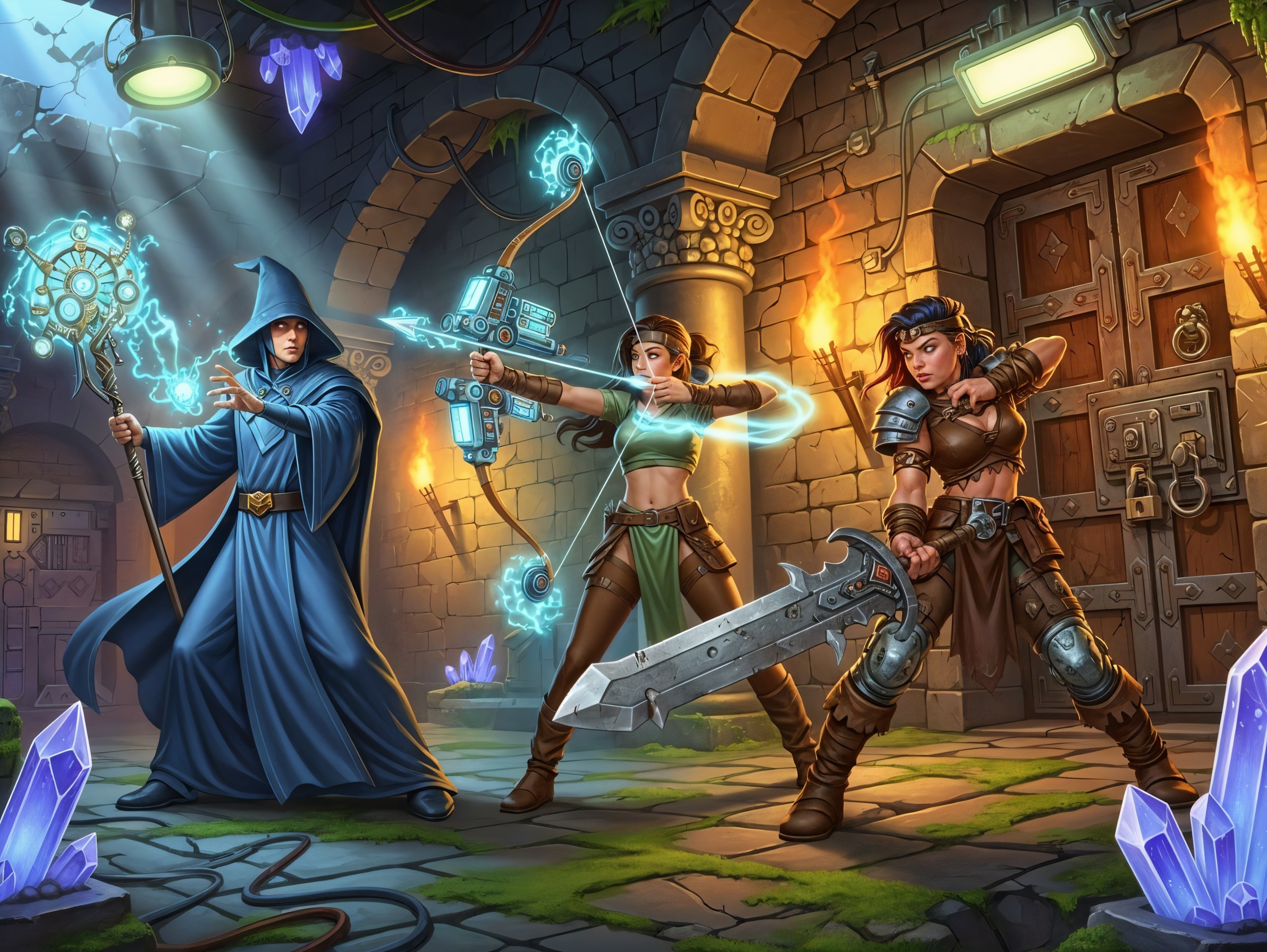 Wizard, Archer, and Warrior in Stone Archway Scene