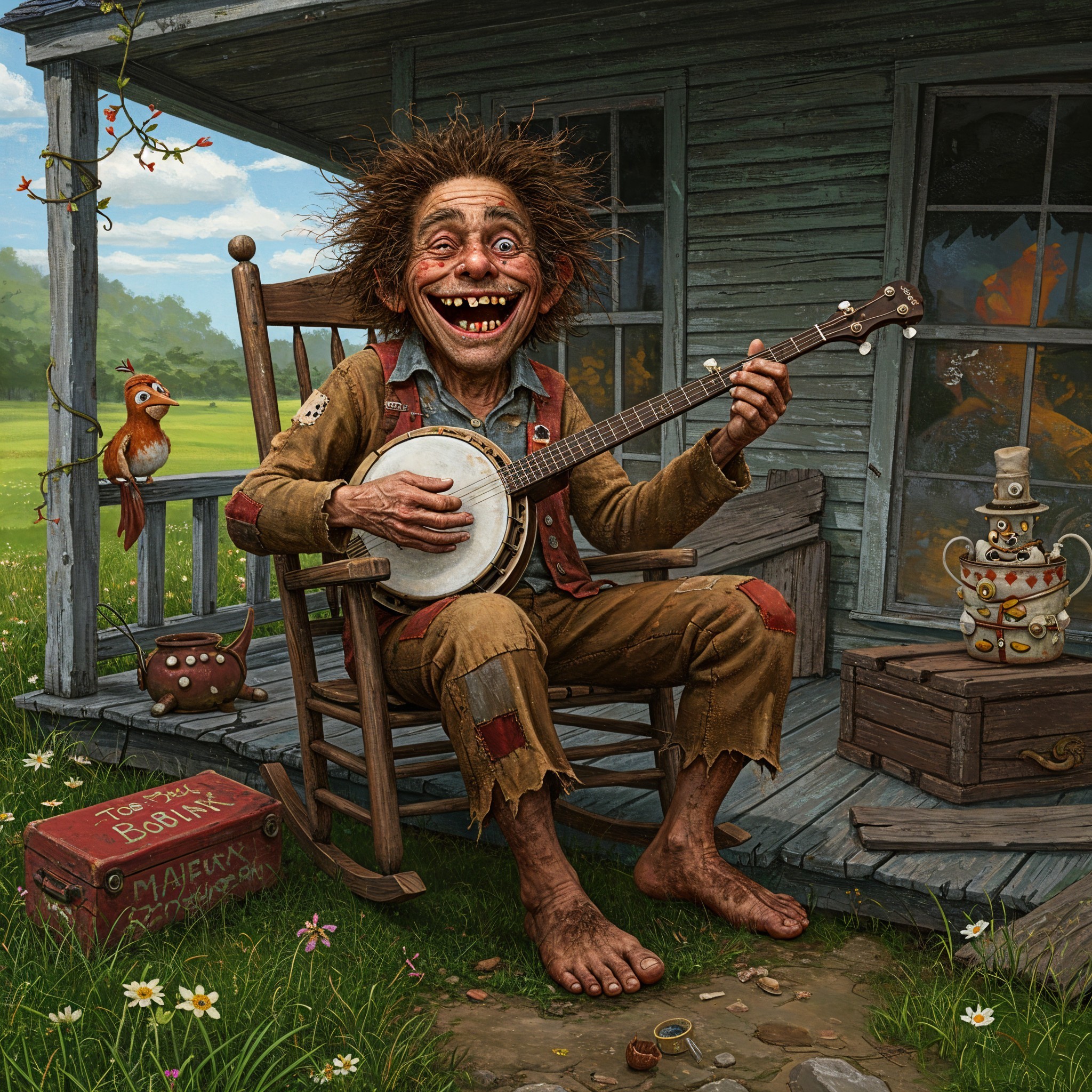 Whimsical Man Playing Banjo on Rustic Porch