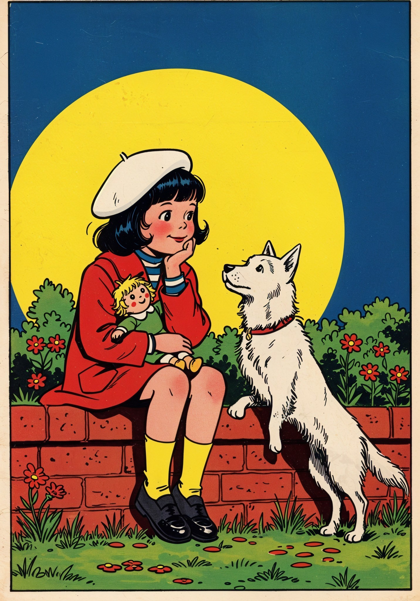 Cheerful girl in red coat with dog and flowers