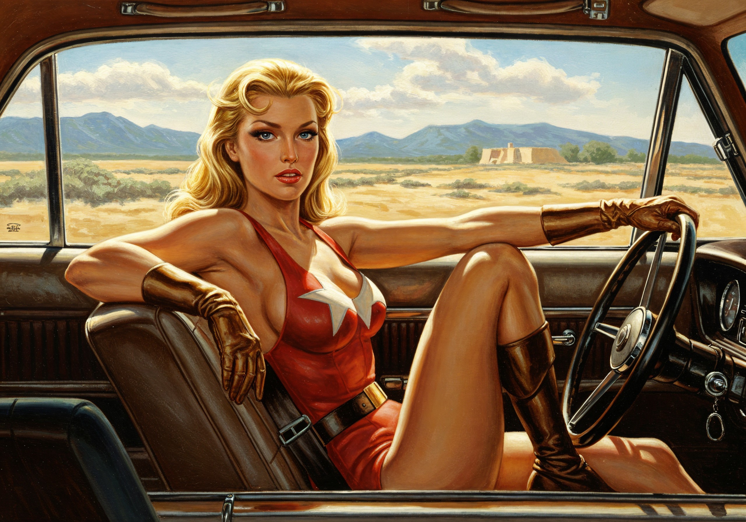 Glamorous Woman in Red Outfit by Classic Car in Desert