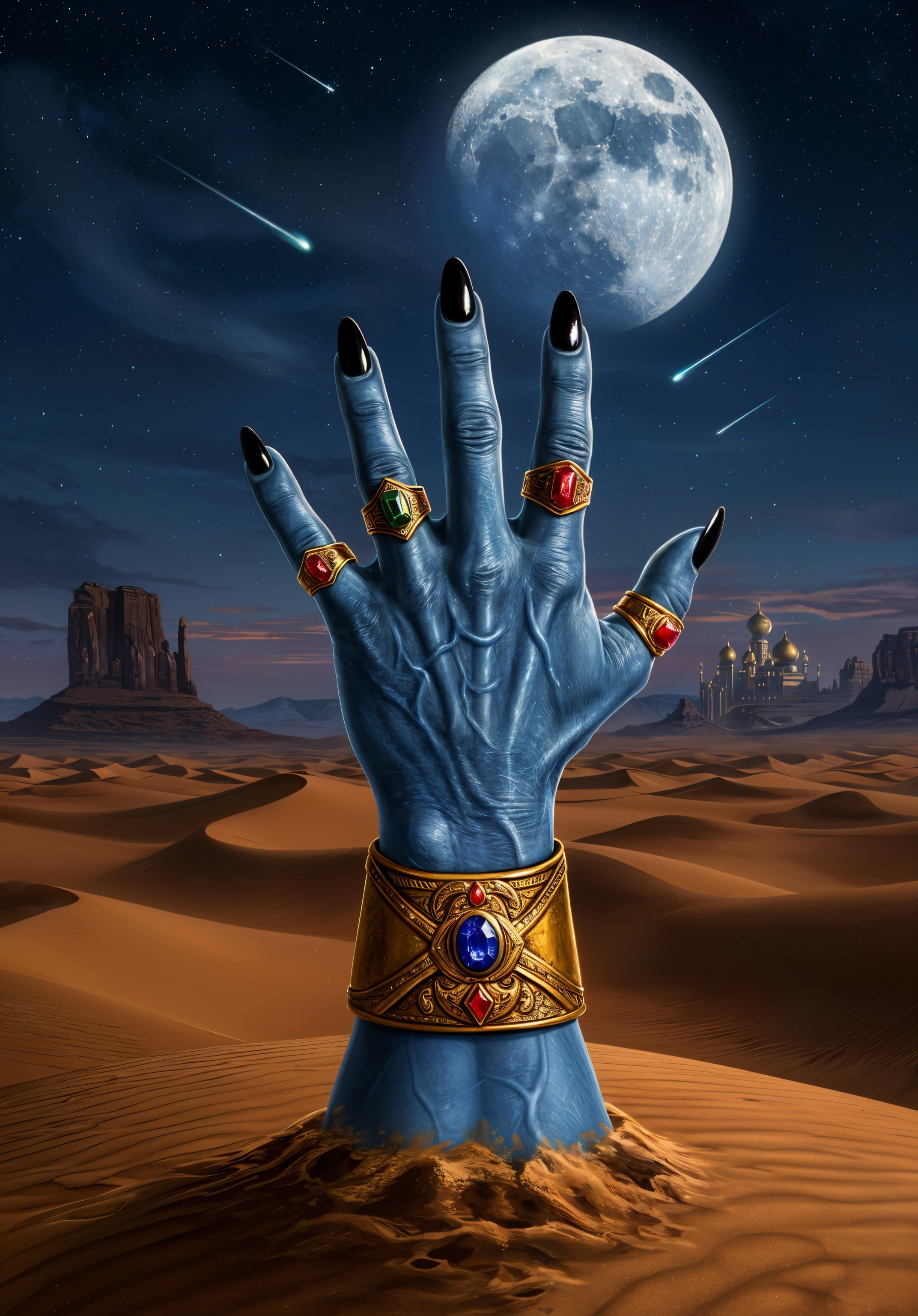 Blue Hand with Rings in Desert Under Full Moon