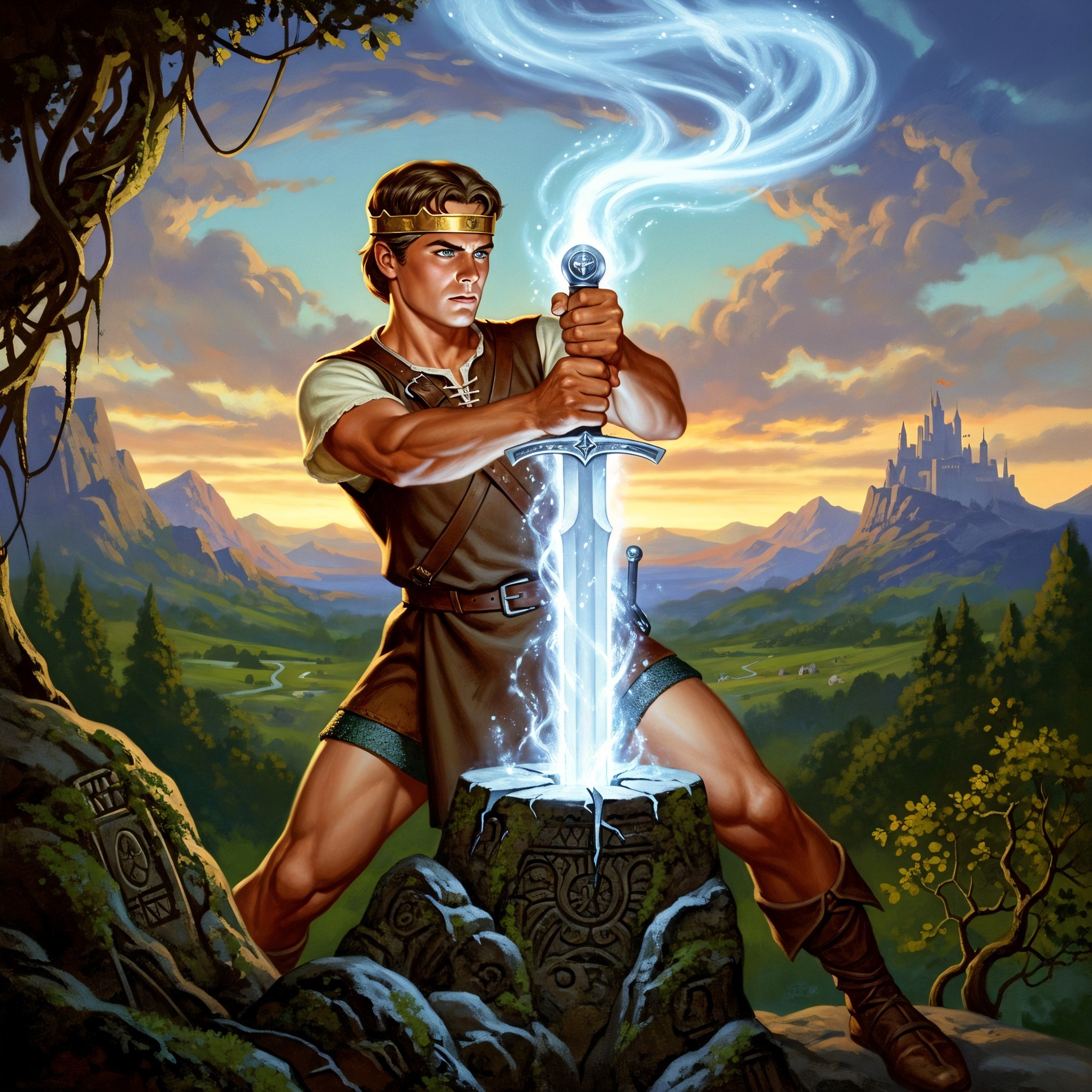 Heroic Figure Extracts Sword from Stone in Fantasy Scene