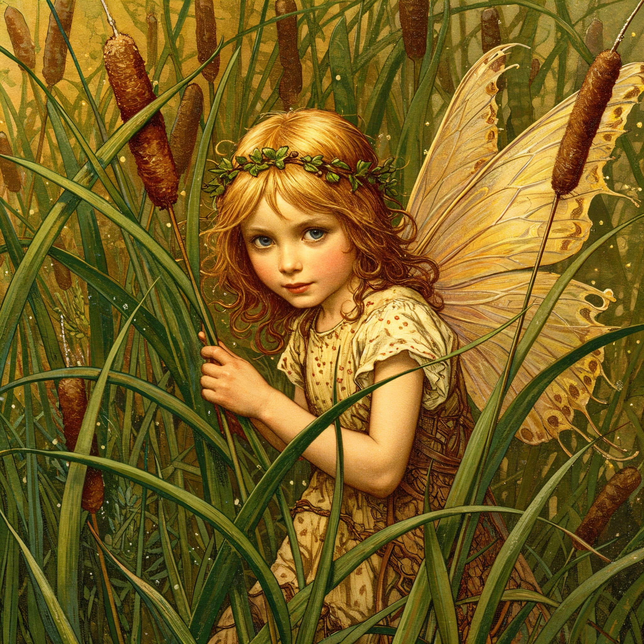 Fairy Girl with Golden Hair in Lush Green Reeds