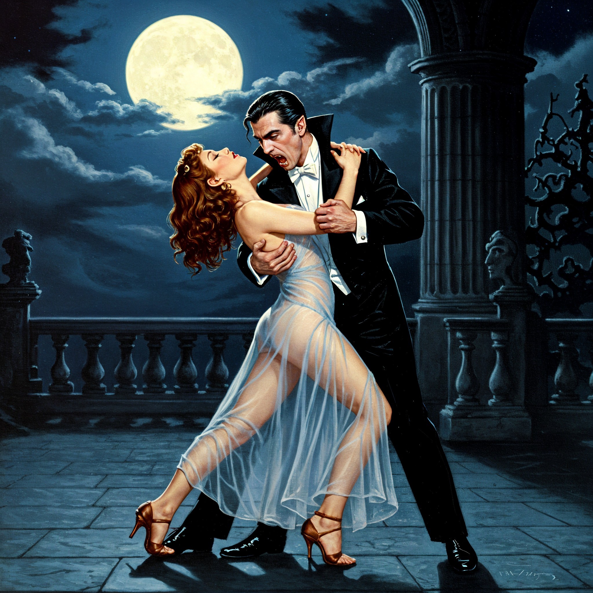 Vampiric Dance Under Moonlight in Gothic Setting