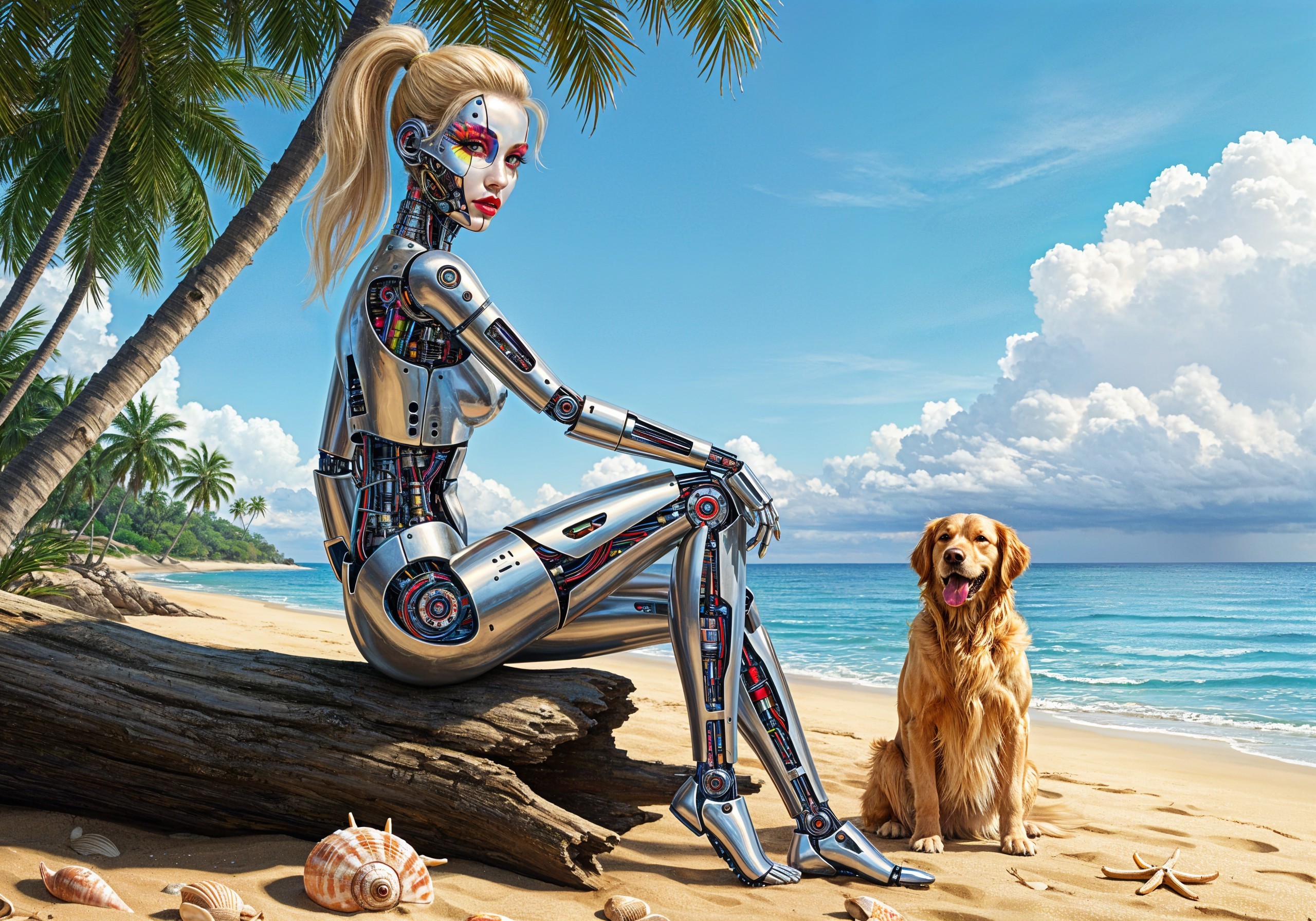 Futuristic Robot Woman on Beach with Golden Retriever