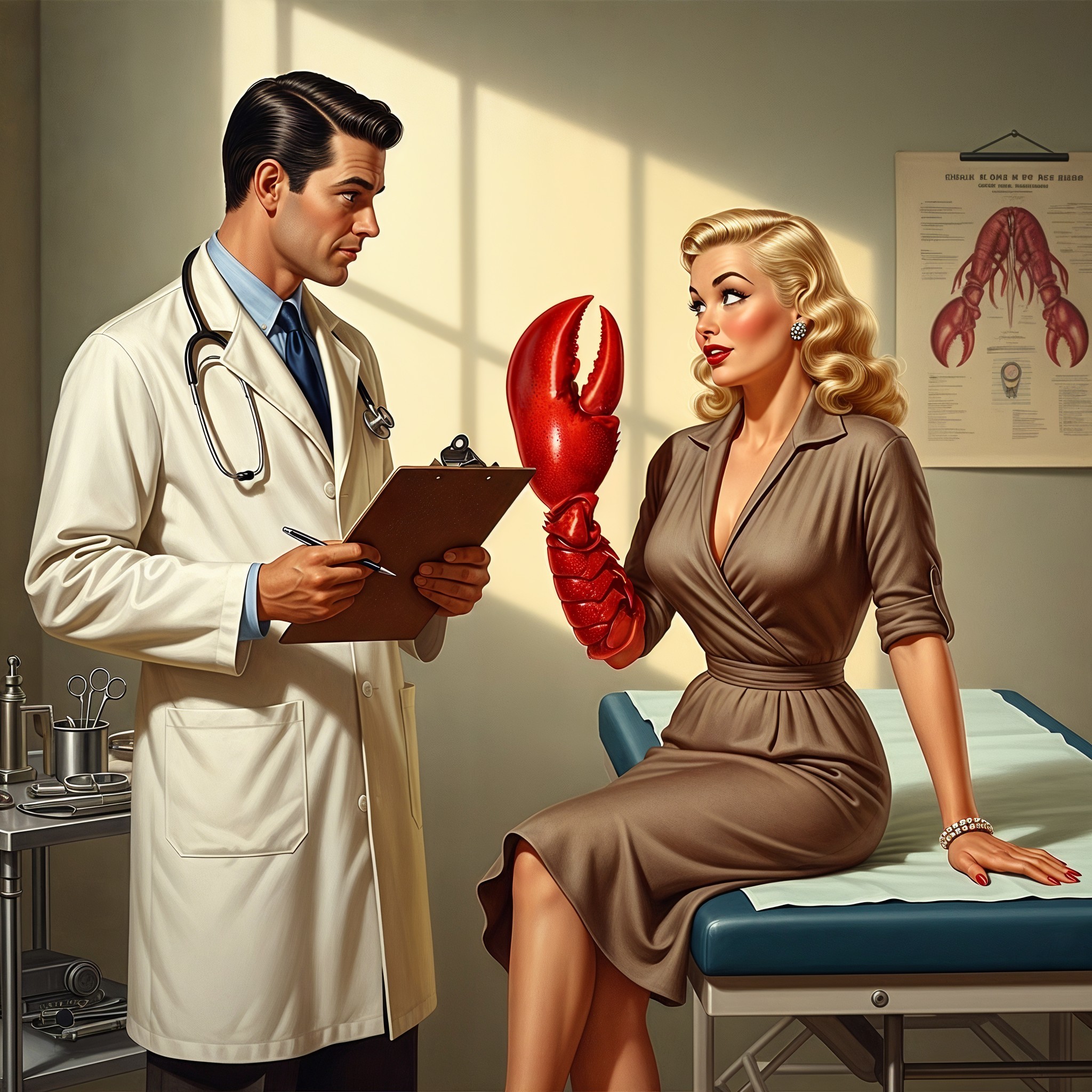 Vintage Scene of Woman with Lobster and Doctor