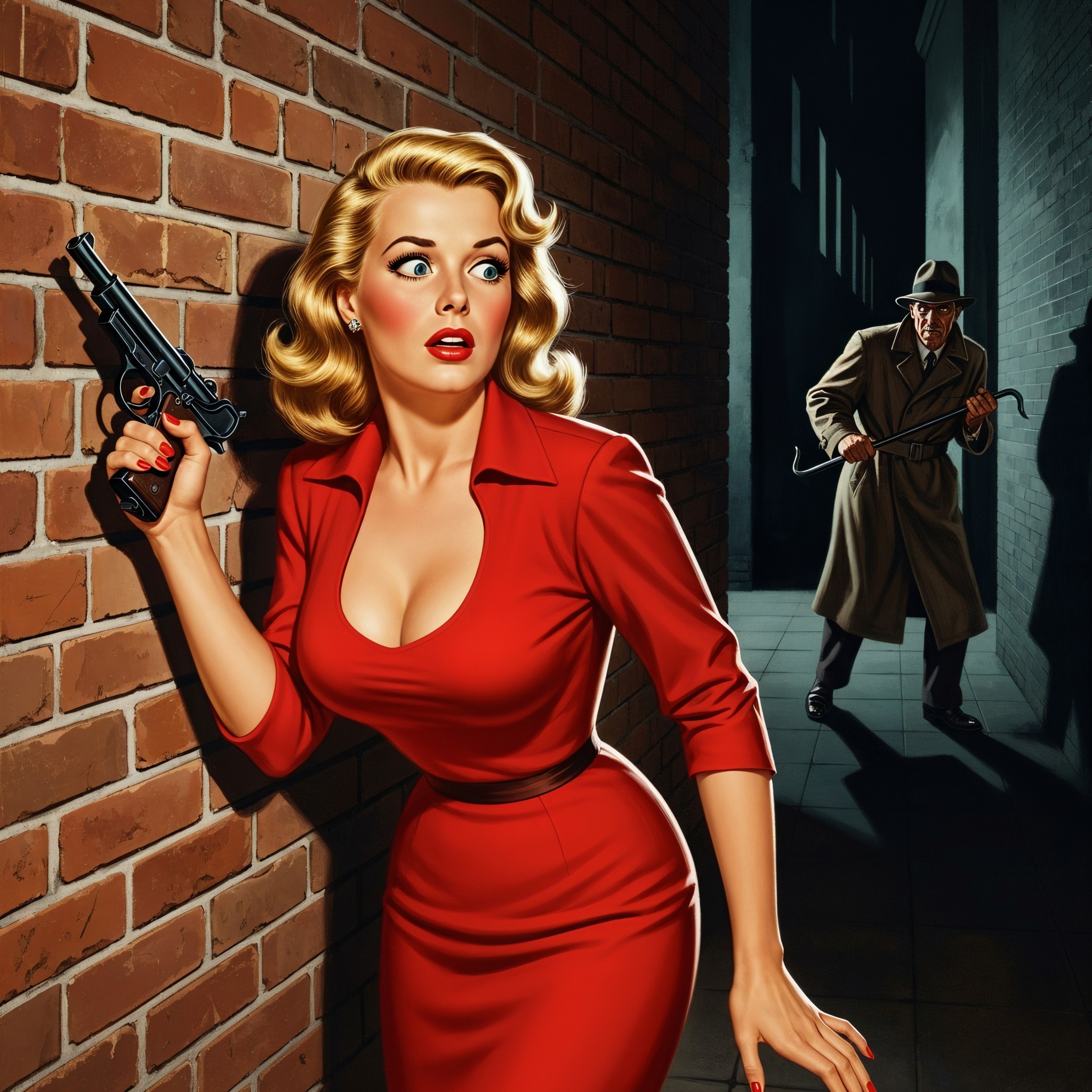 Glamorous Woman in Red Dress with Pistol in Alley