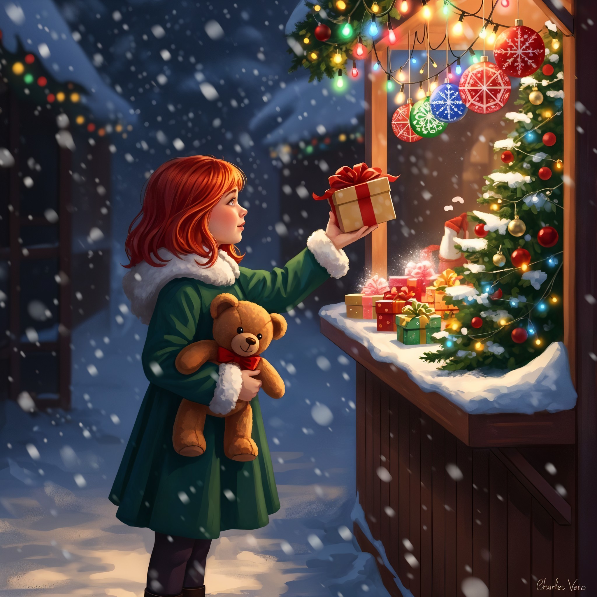 Whimsical Winter Scene with Girl and Market Stall