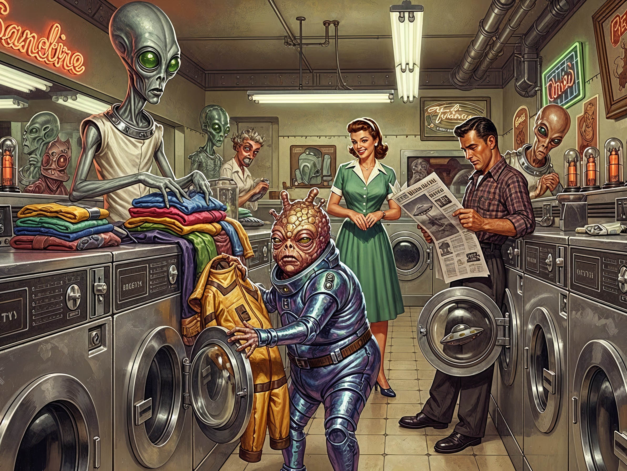 Alien Laundry Scene in a Colorful Laundromat