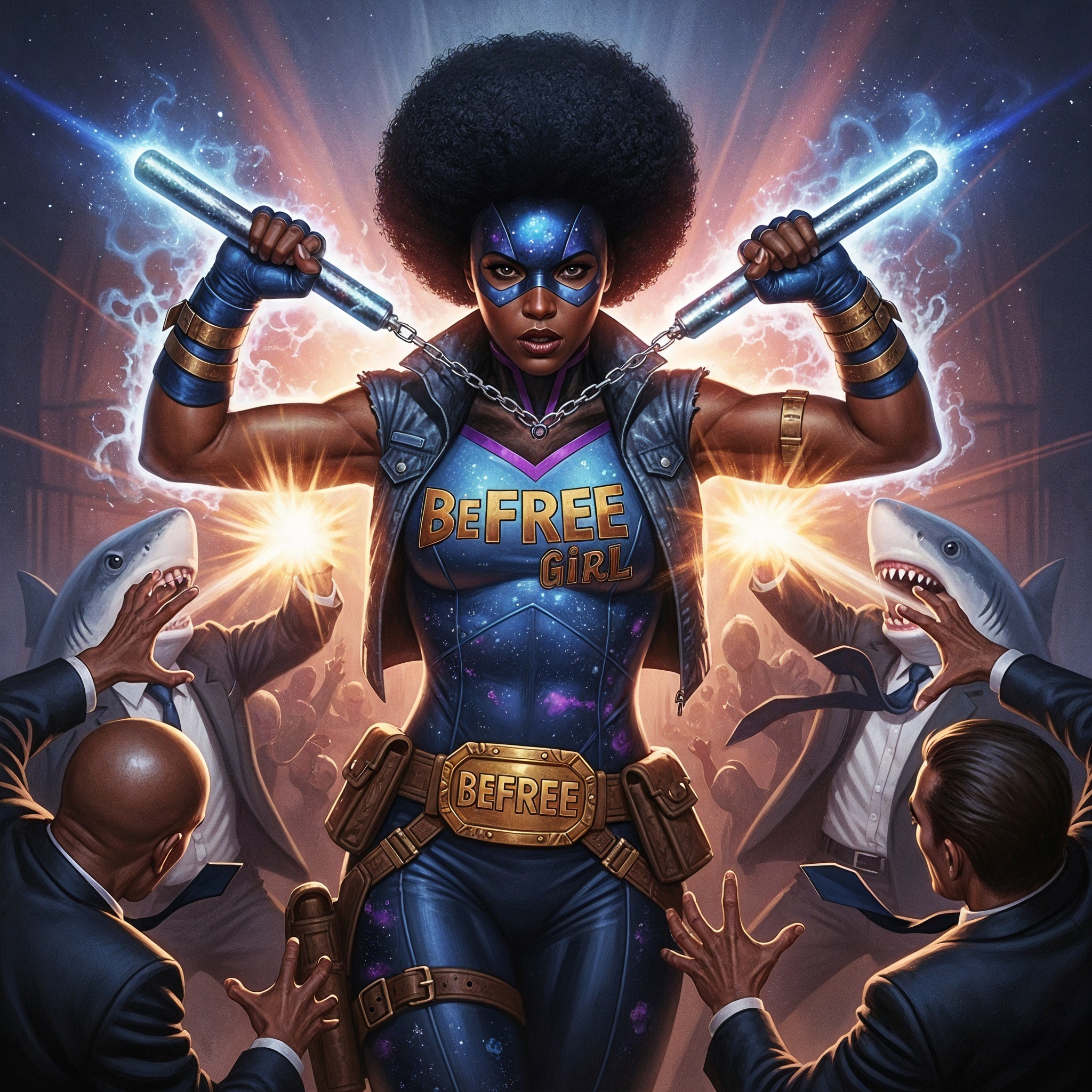 Superheroine with Electric Batons and Sharks Surrounding