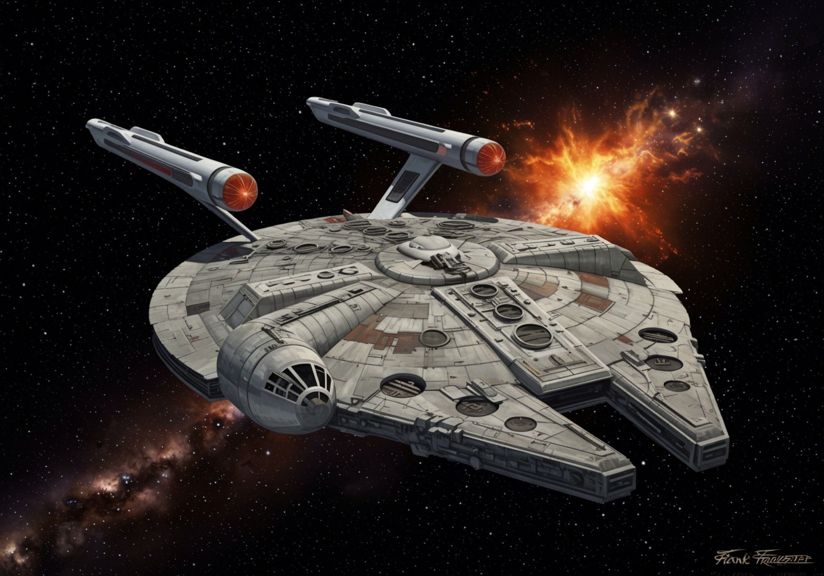 Futuristic spacecraft in deep space with glowing engines