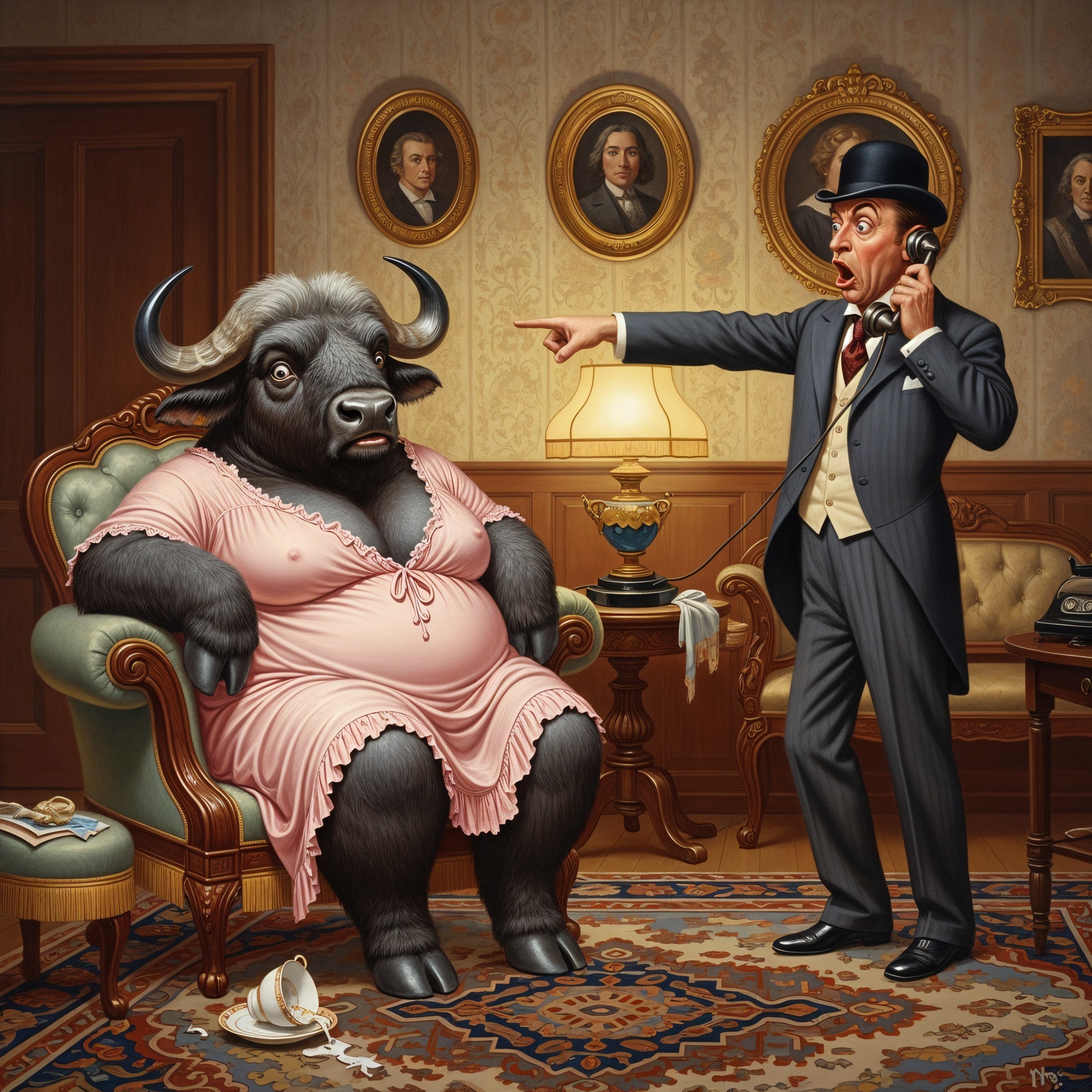 Personified Black Bison in Domestic Scene Illustration