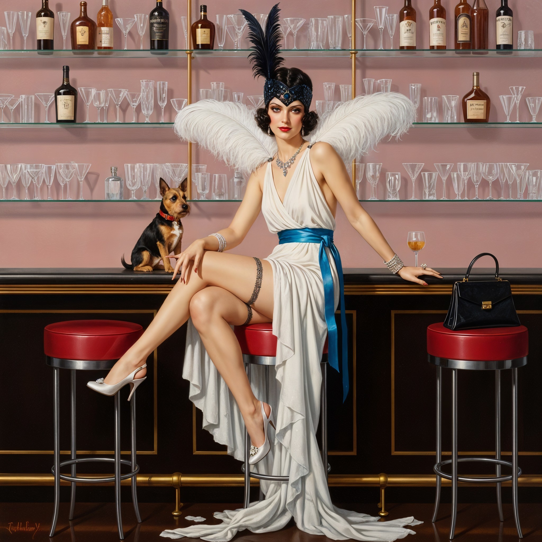 Glamorous Woman in Elegant Bar with Dog and Bottles