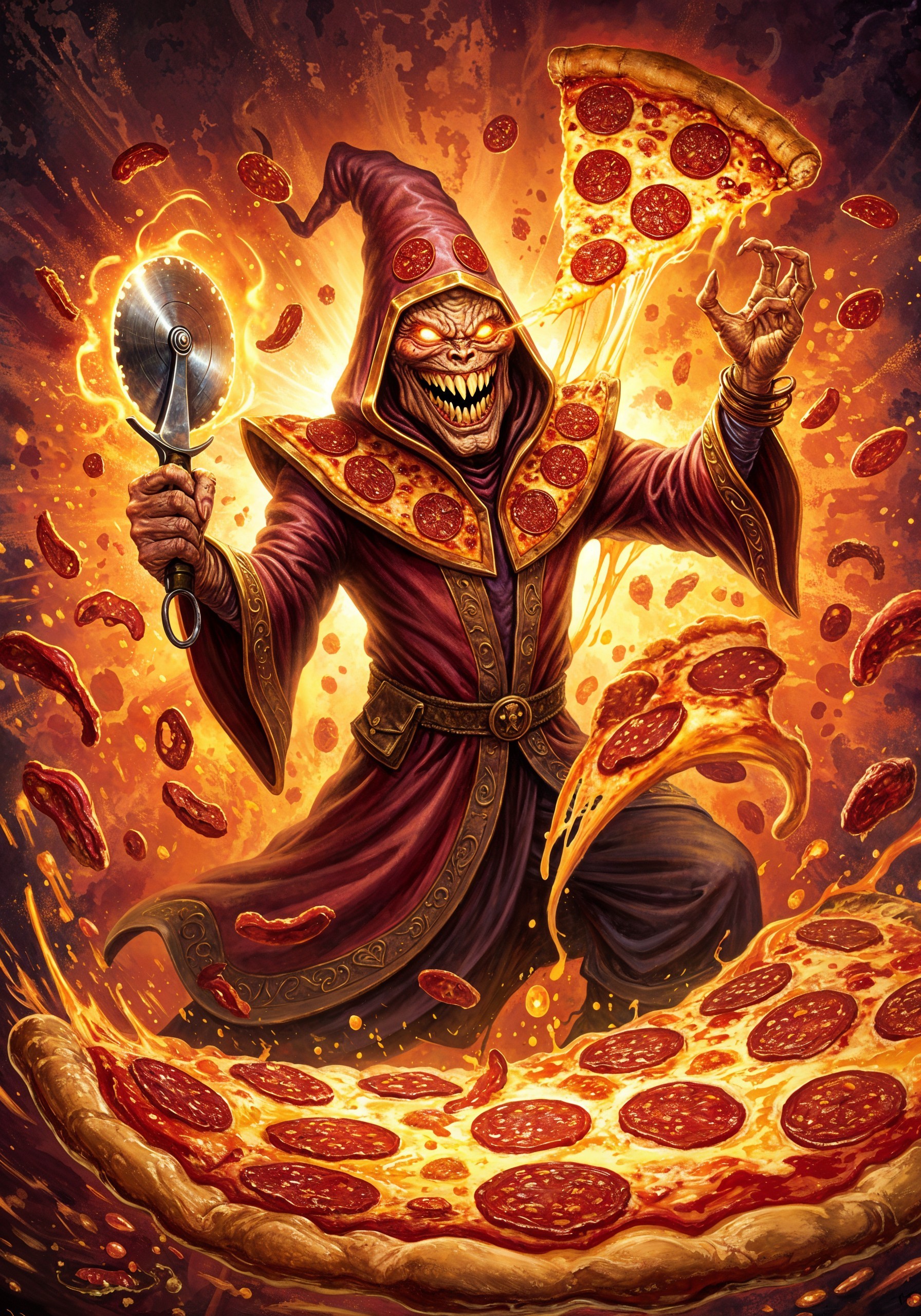 Sinister Figure in Red Robe Wielding Pizza Cutter
