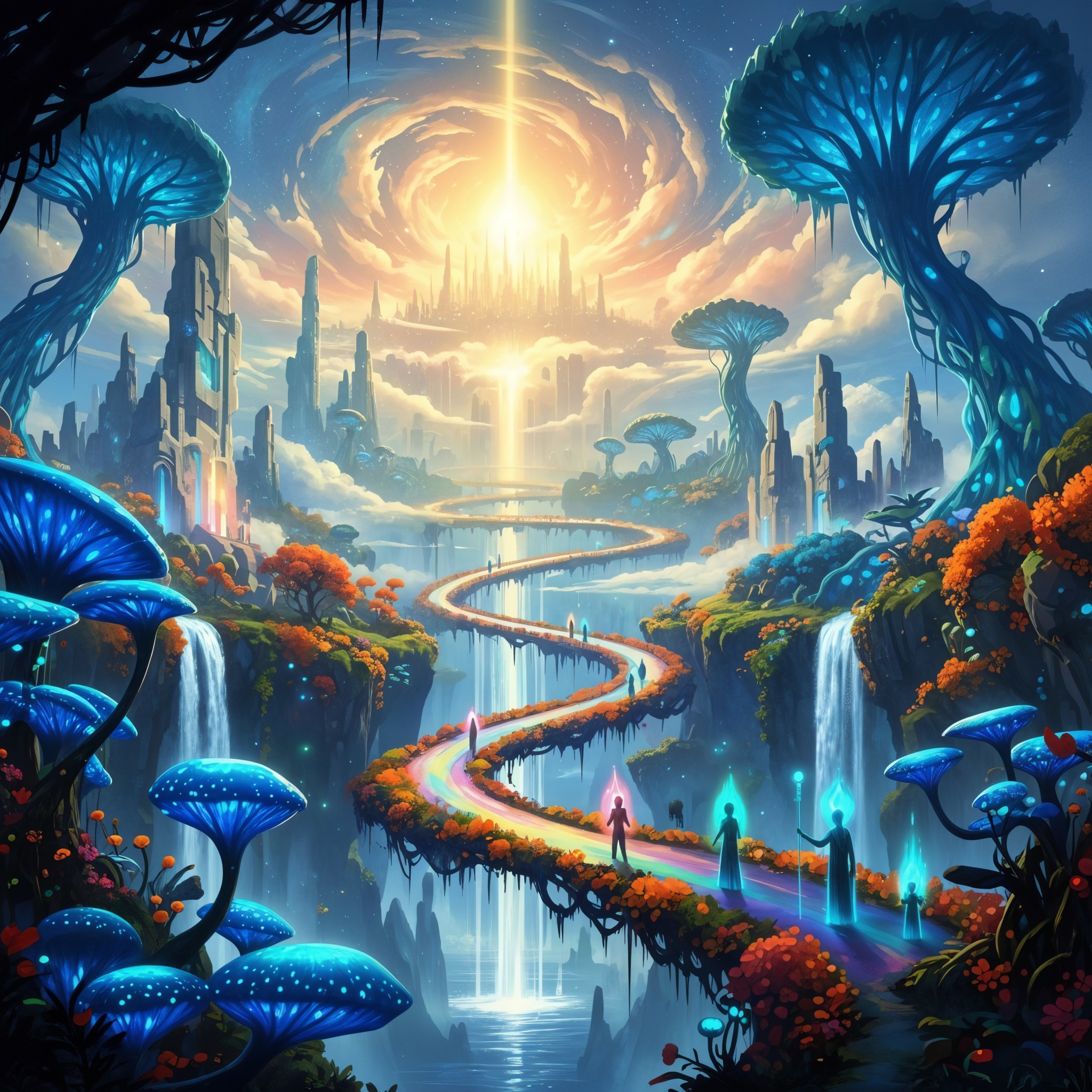 Winding Path to a Golden City with Waterfalls and Trees