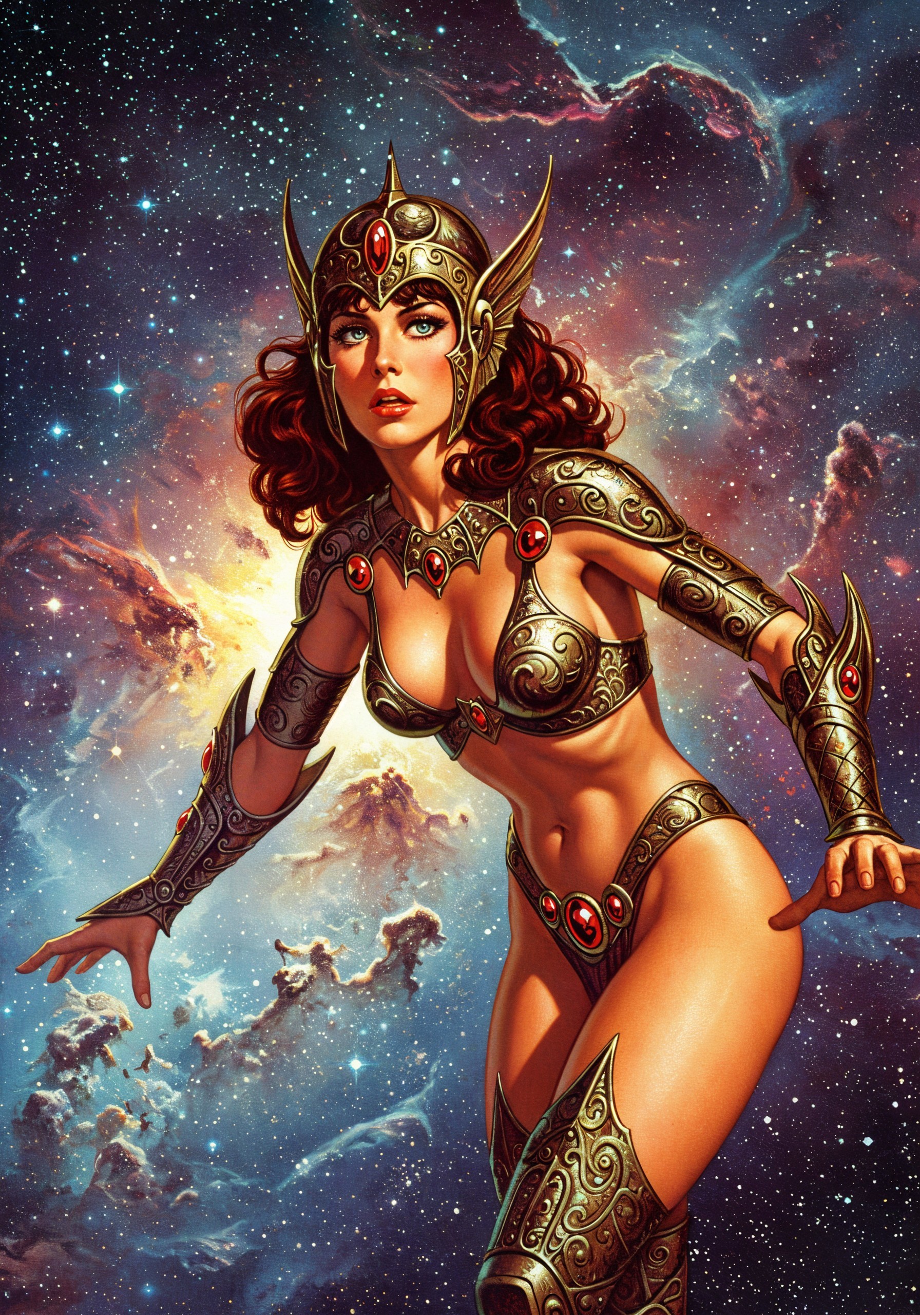 Fierce Warrior Woman in Cosmic Galaxy Setting