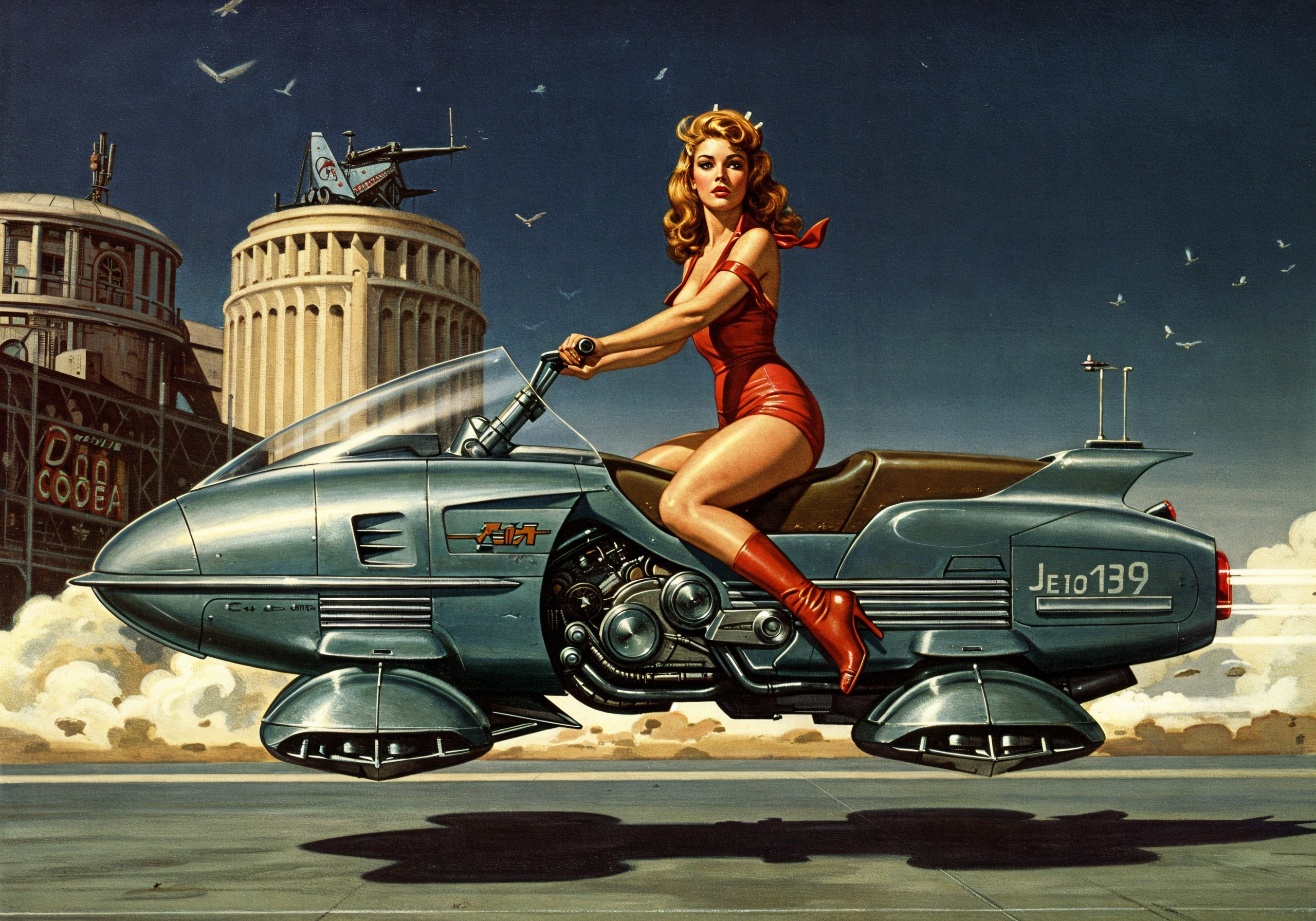 Woman in red outfit on futuristic hover vehicle