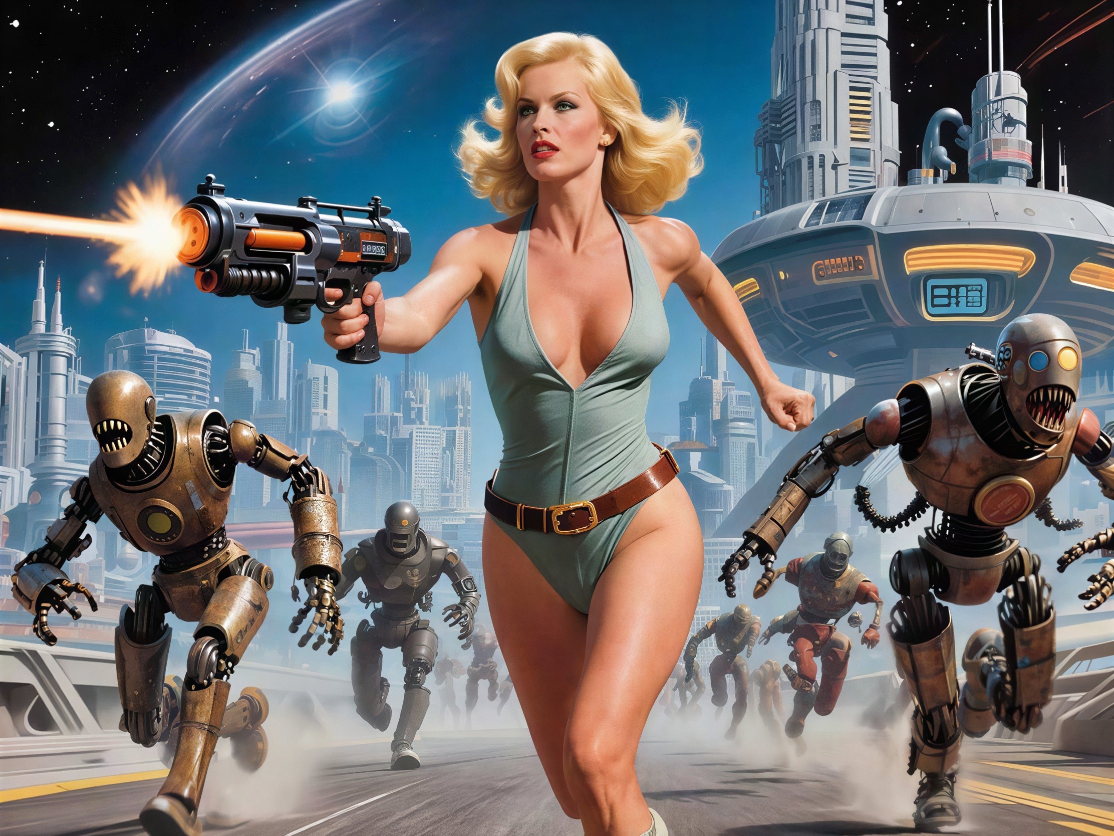 Retrofuturistic Scene with Woman and Robots in Action
