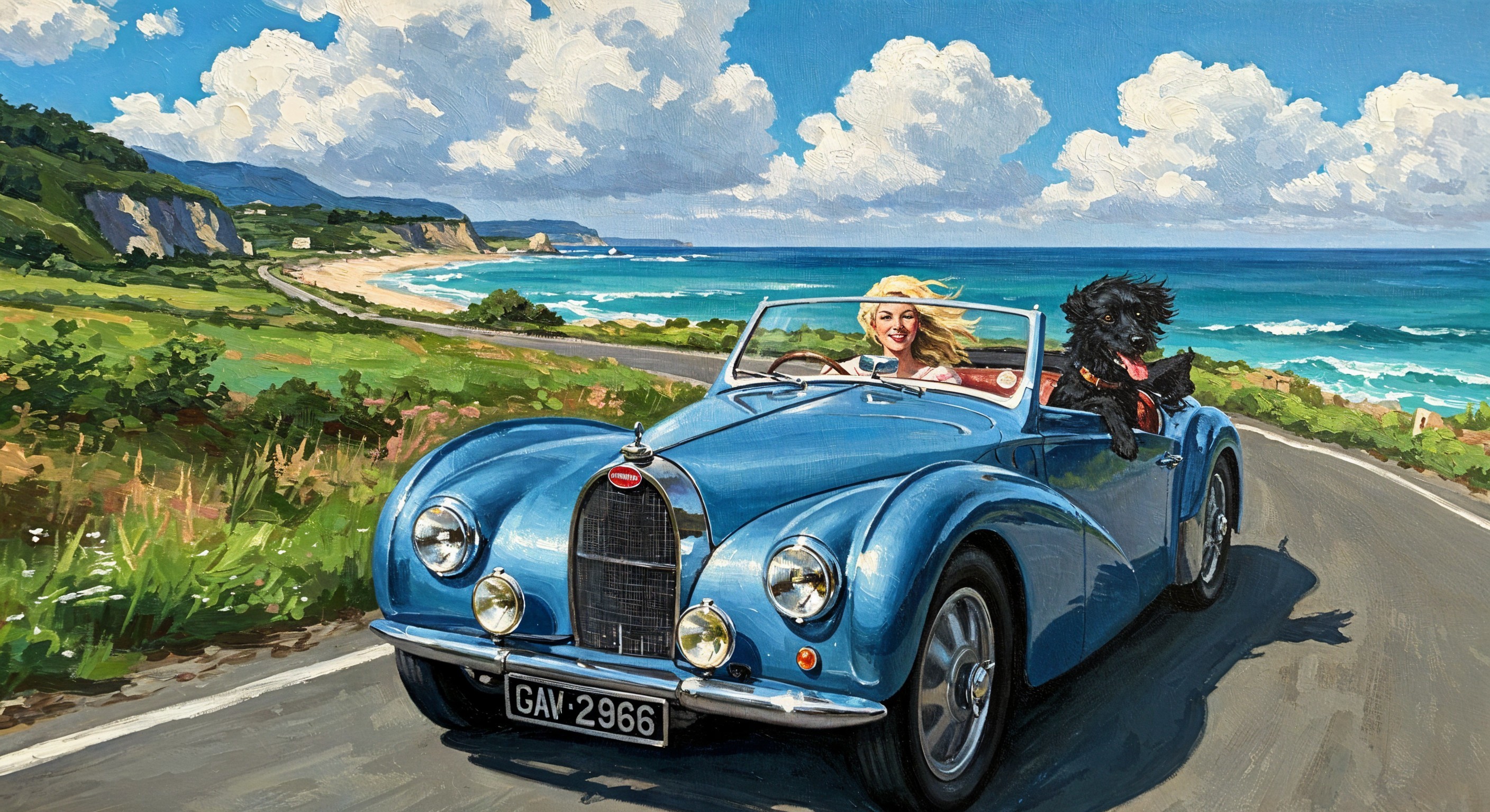 Cheerful woman and black dog in vintage convertible
