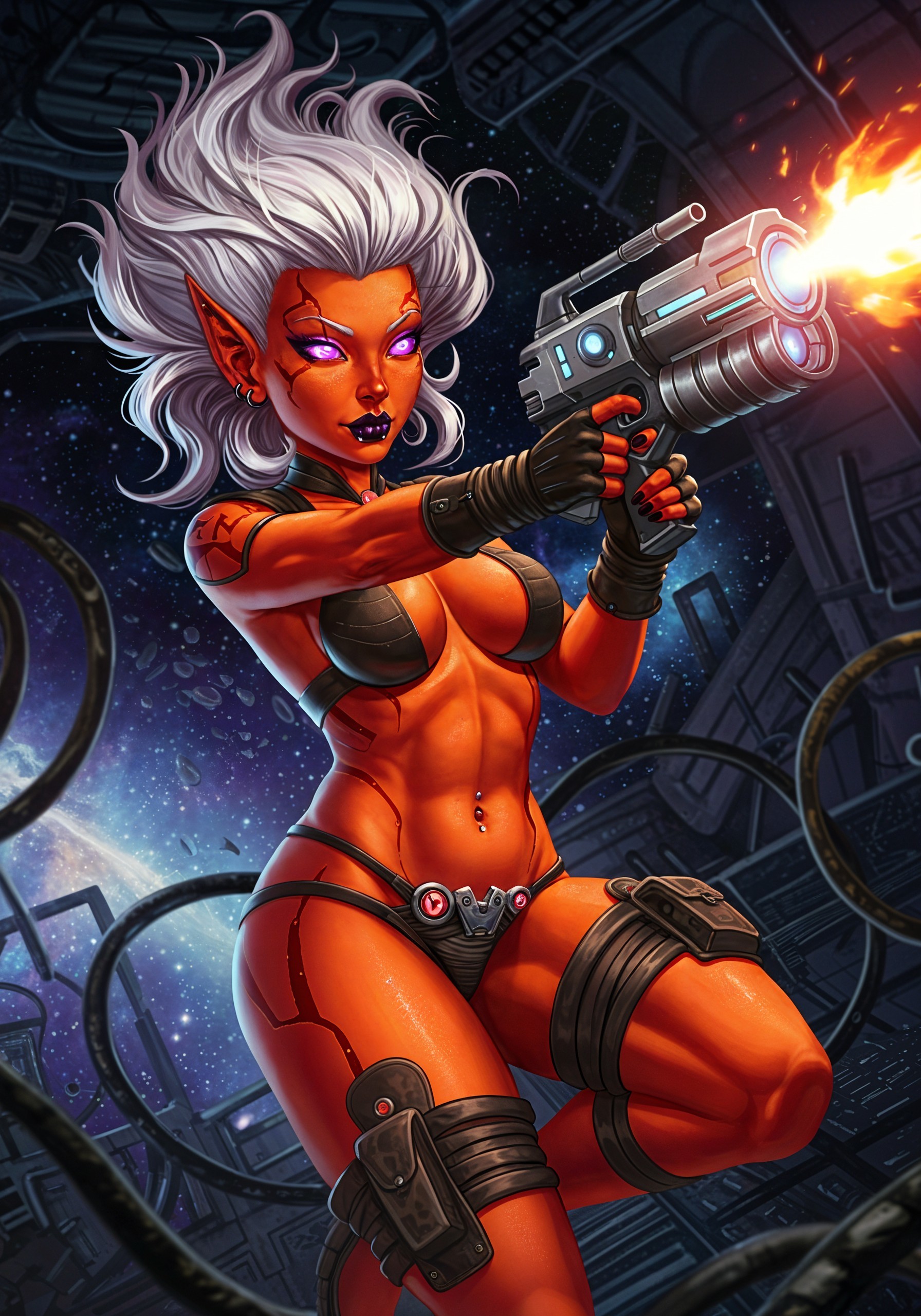 Futuristic Character with Orange Skin and Sci-Fi Setting
