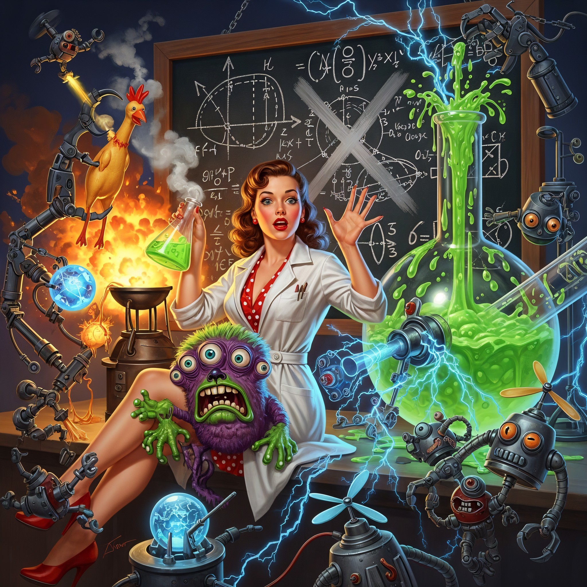 Colorful Laboratory Scene with Scientist and Creatures