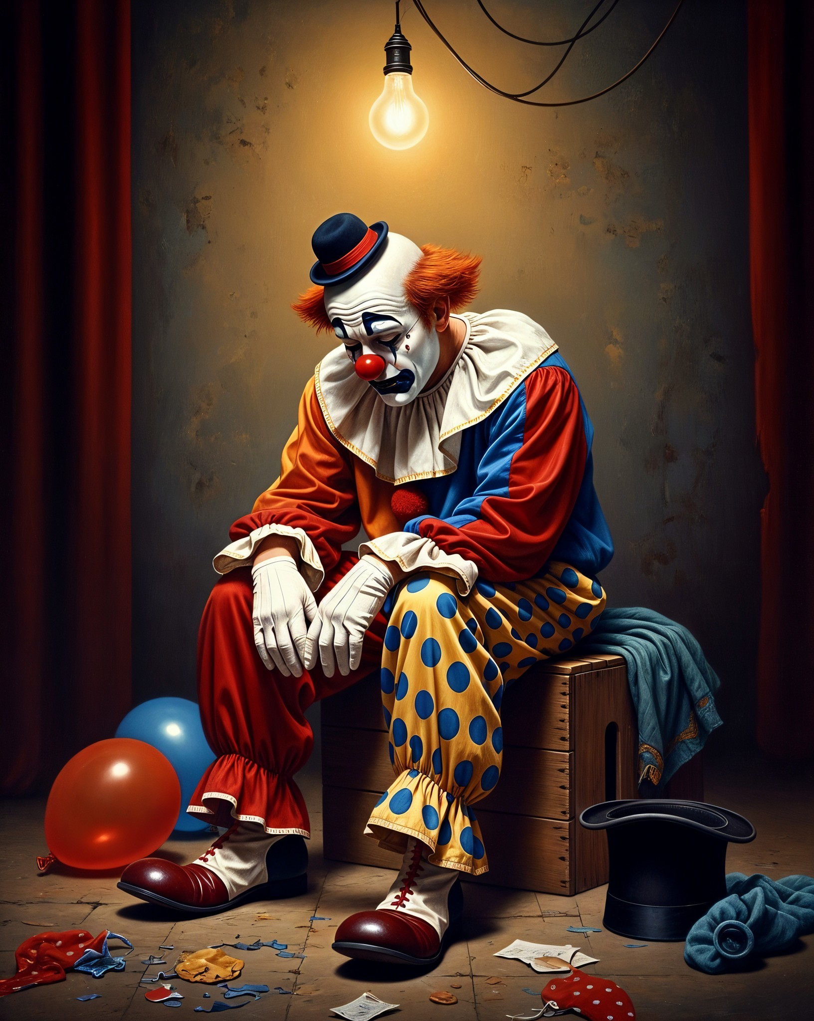 Sad Clown in Dimly Lit Grunge Room with Burgundy Curtains