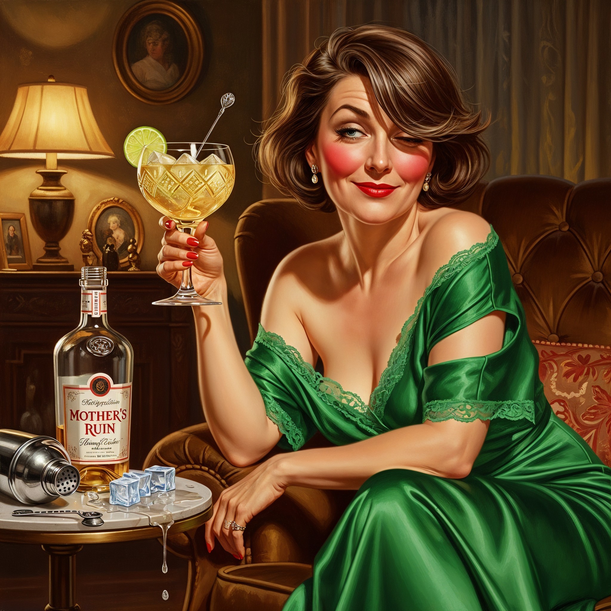 Elegant Woman in Silk Dress with Cocktail in Armchair