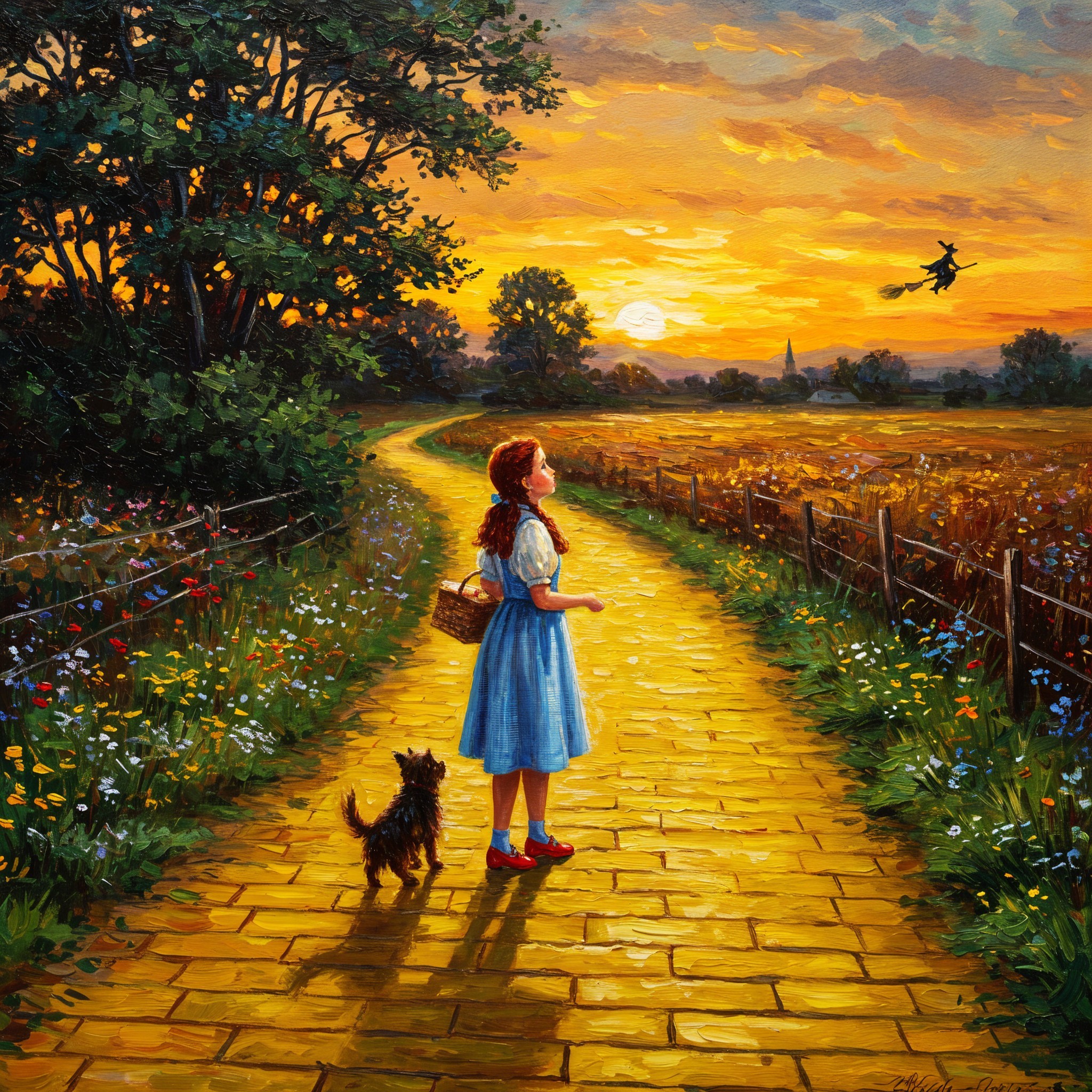 Young girl in blue dress on golden path with dog