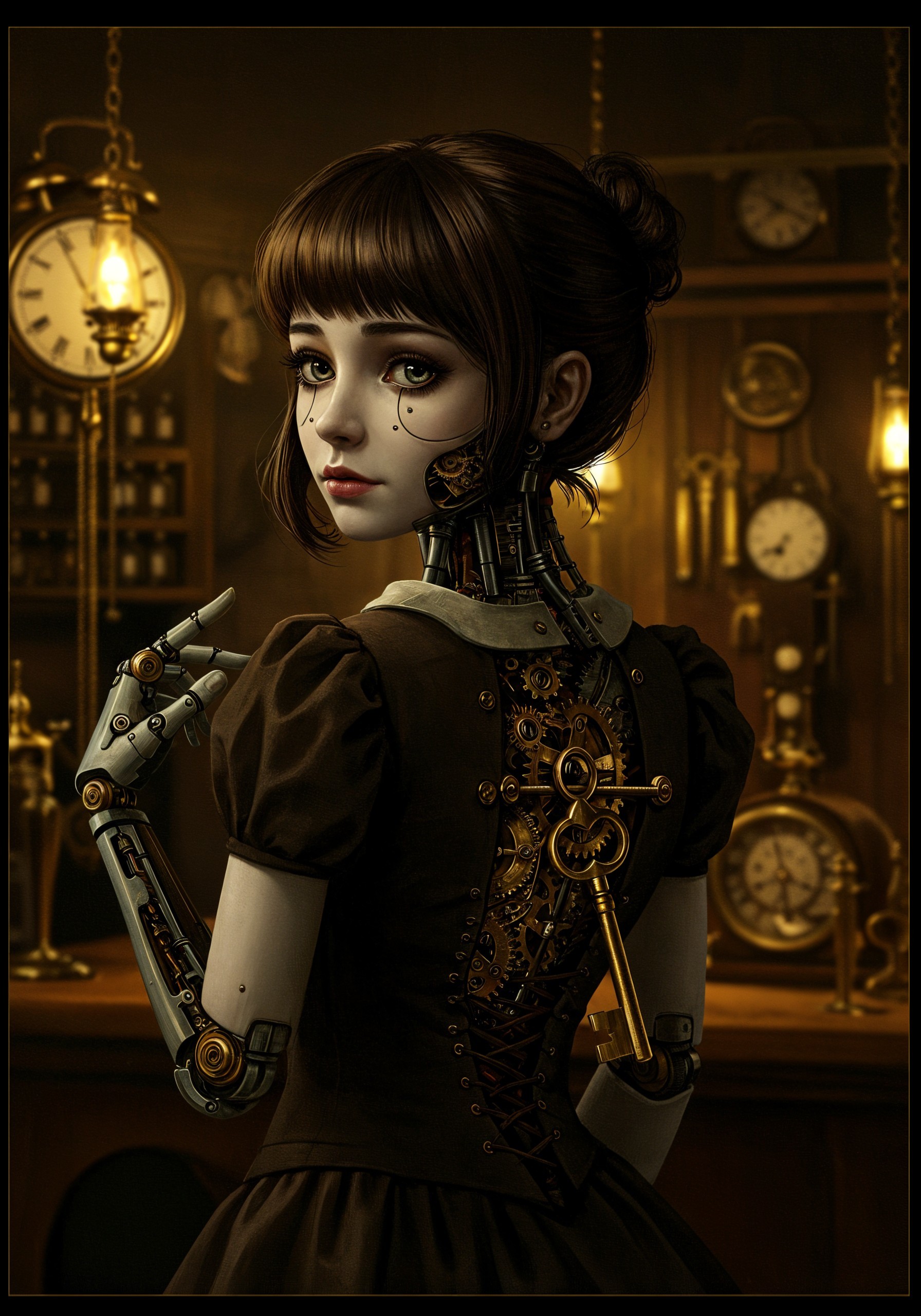 Steampunk Girl in Vintage Clock Room Setting
