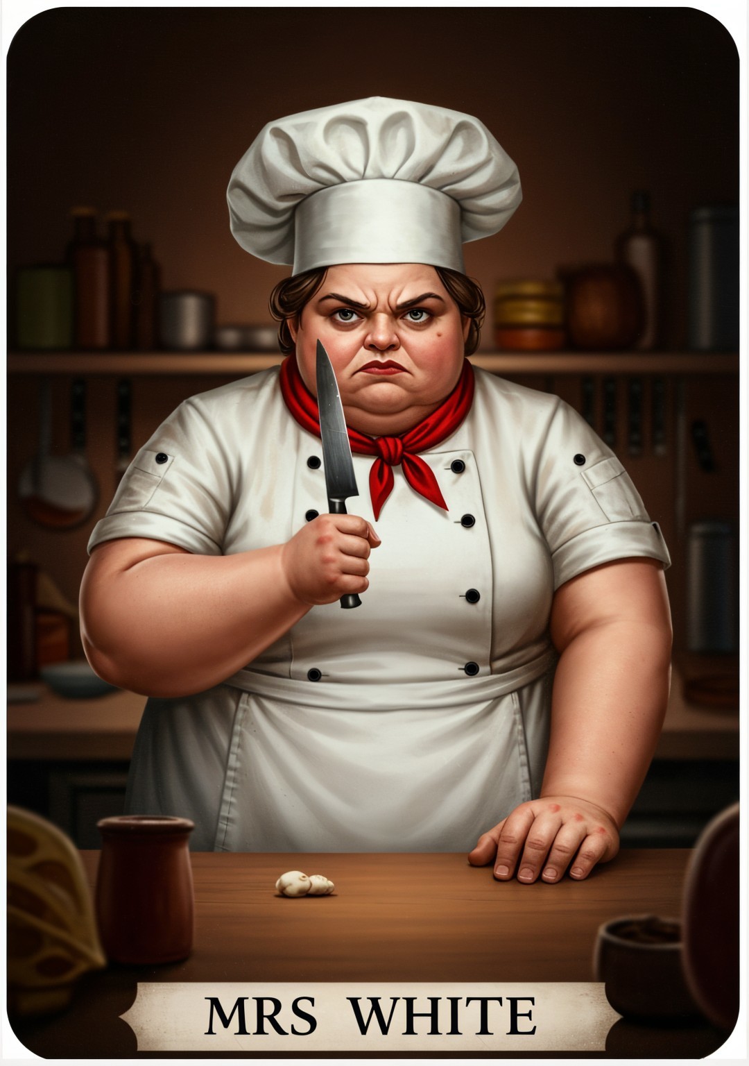 Stern Female Chef in White Uniform at Kitchen Counter