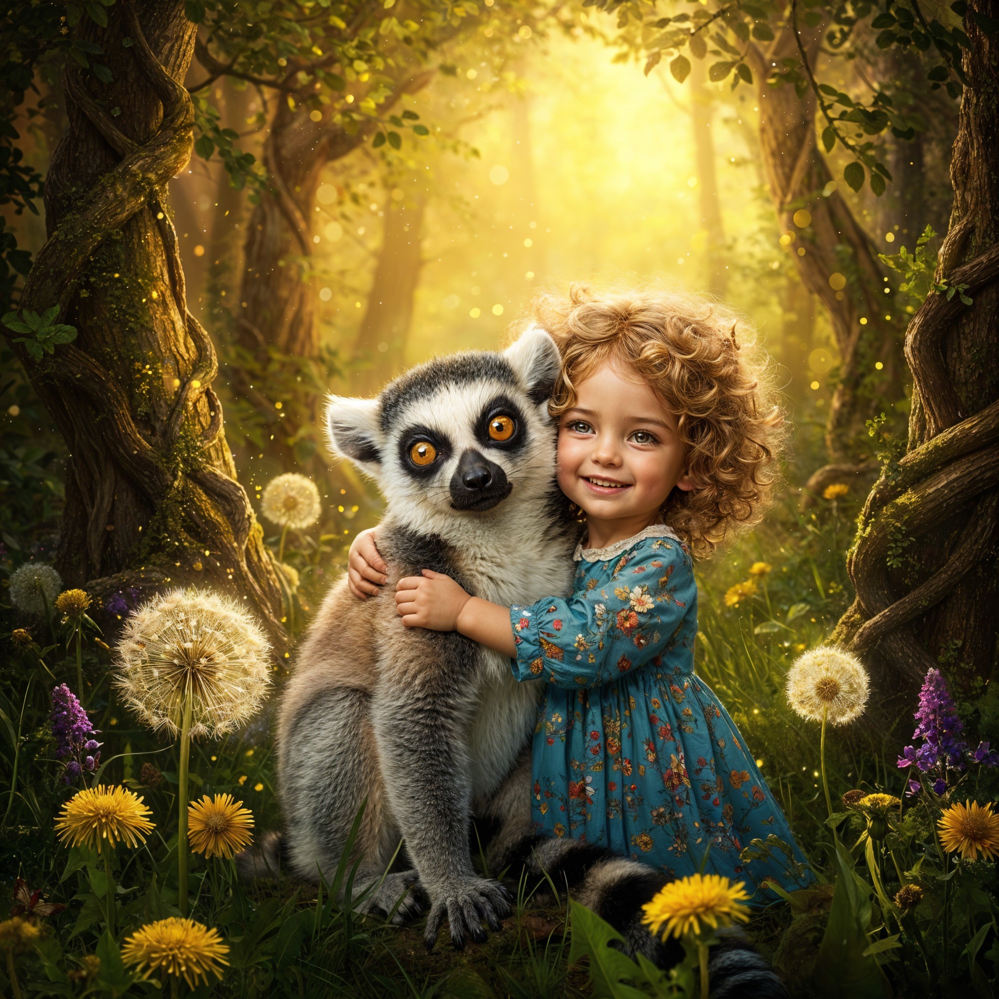 Child and Lemur in a Sunlit Forest Glade