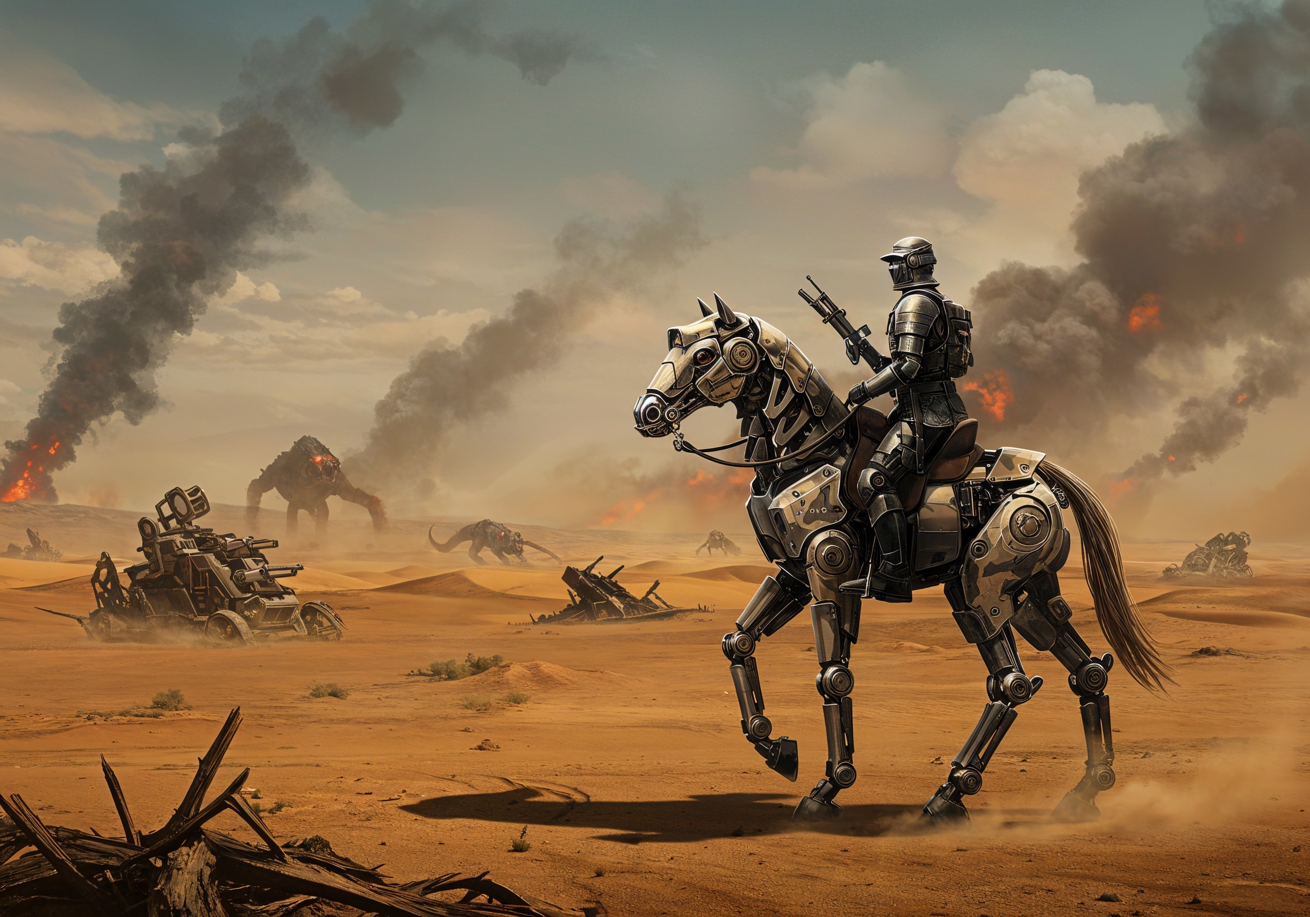 Futuristic robotic knight in a desolate landscape