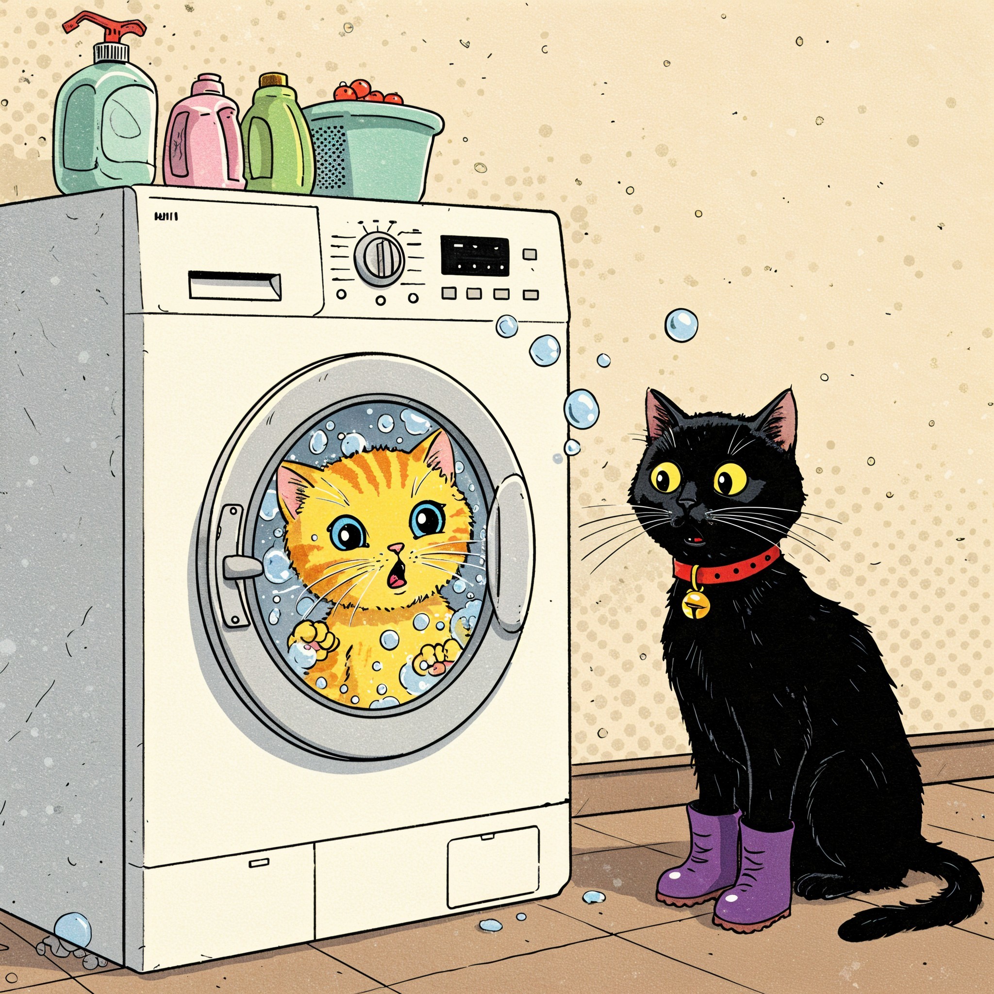 Cartoon Scene of Kittens by a Bubbling Washing Machine