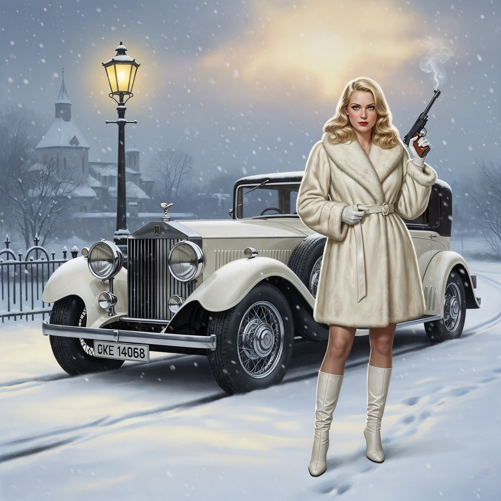 Glamorous Woman with Rolls-Royce in Snowy Scene